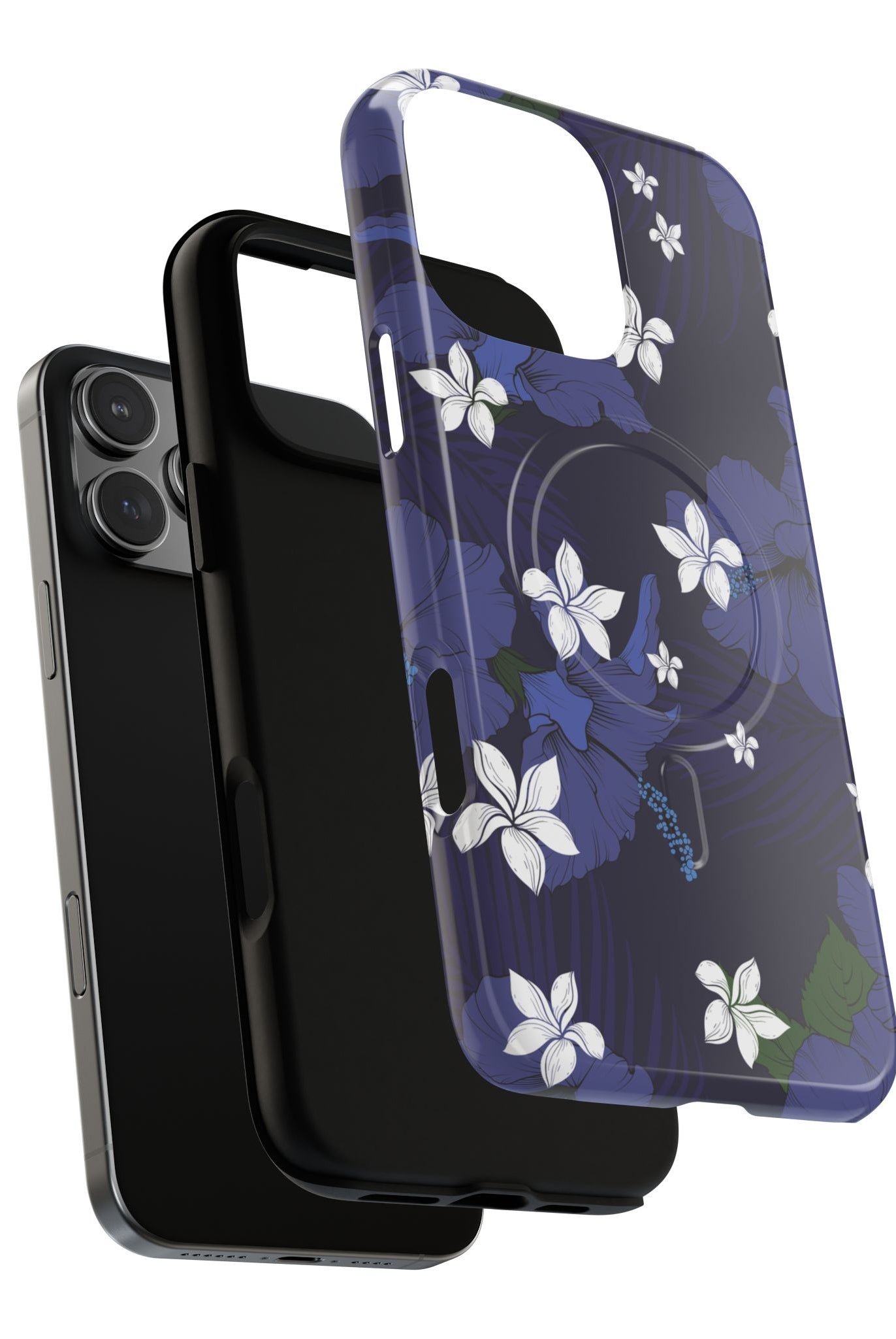 Vintage Blue MagSafe iPhone Case Detail View - Hawaiian Indigo Hibiscus White Plumeria Design Close Up - The Local Banyan