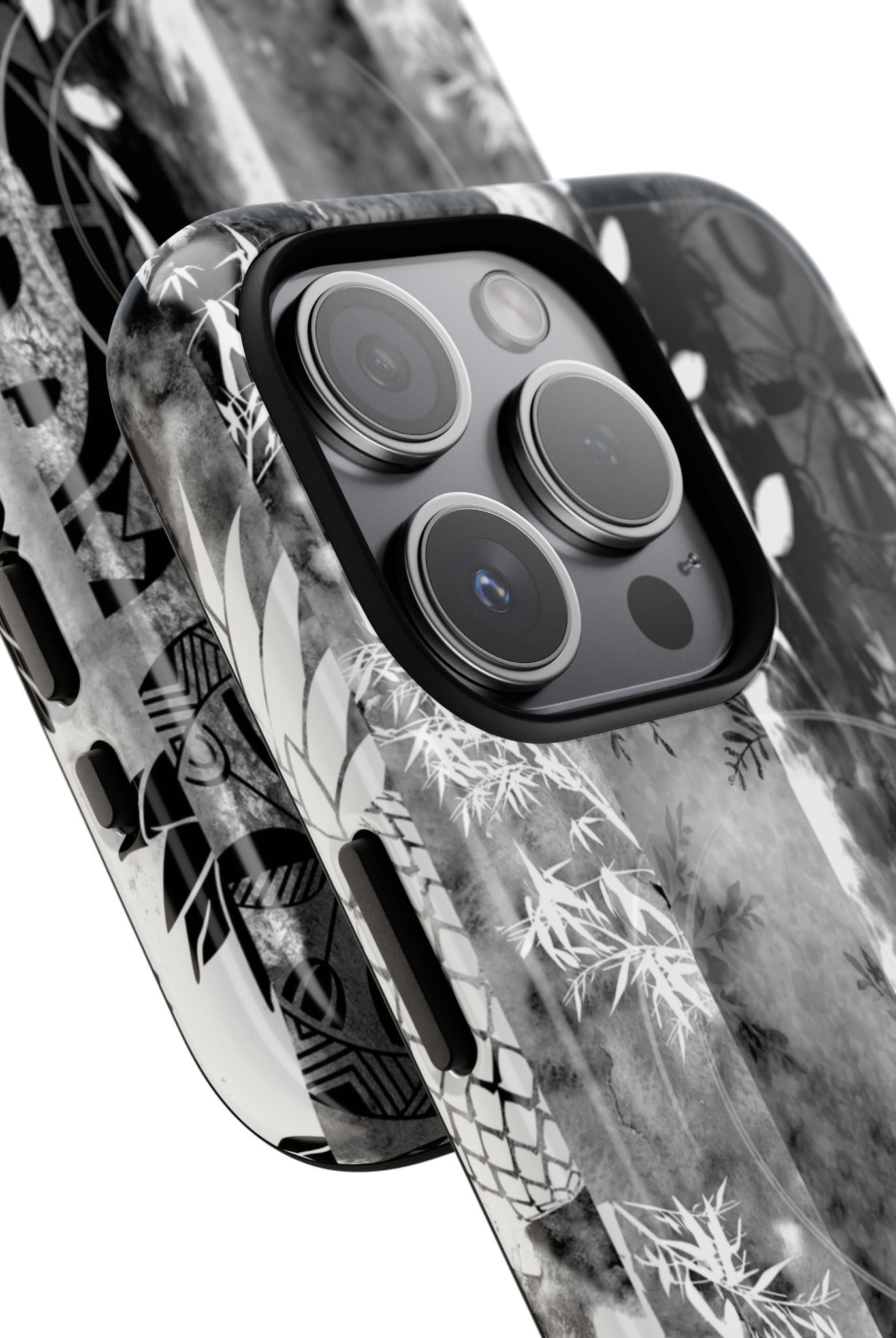 Woman holding Monochrome Oasis MagSafe iPhone Case - Hawaiian Black White Botanical Tribal Design - The Local Banyan