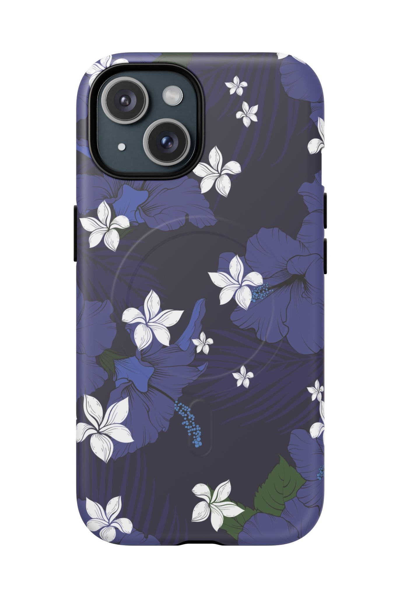 Vintage Blue MagSafe iPhone Case iPhone 15 Matte - Hawaiian Indigo Hibiscus White Plumeria Design - The Local Banyan