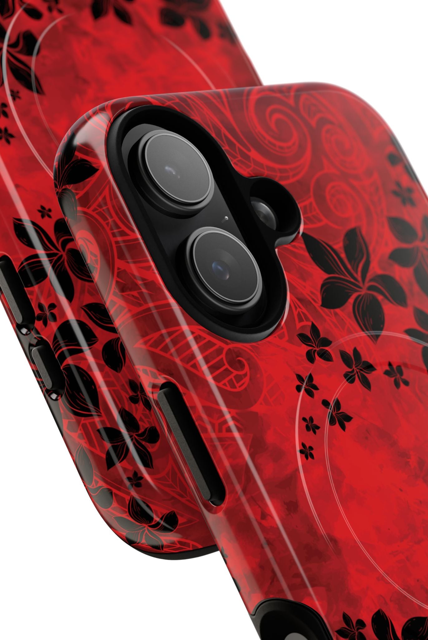 Woman holding Keahi Pua MagSafe iPhone Case - Hawaiian Fire Flower Red Tribal Floral Design - The Local Banyan