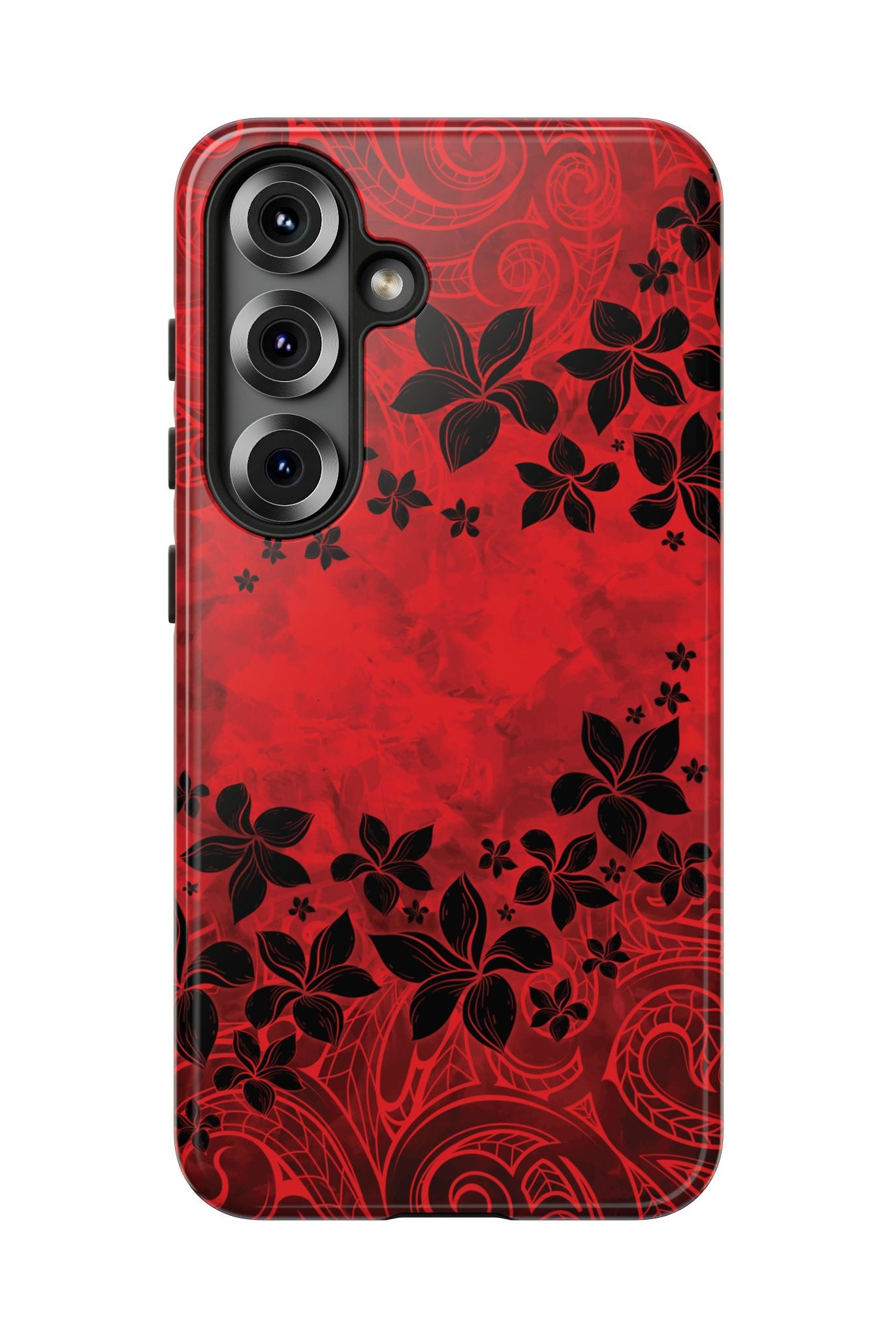 Woman holding Keahi Pua Tough Samsung Galaxy Case - Hawaiian Fire Flower Red Tribal Floral Design - The Local Banyan
