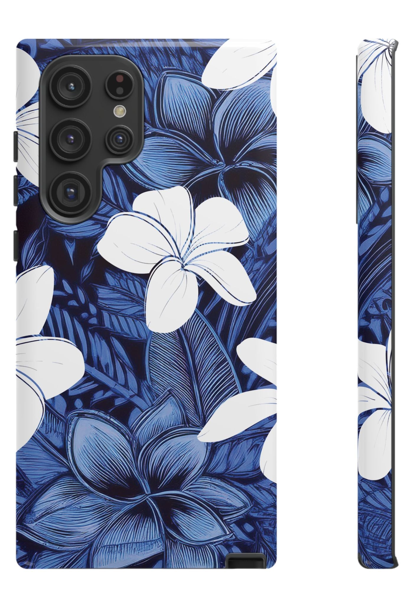 Eternal Blue Plumeria Tough Samsung Galaxy Case Detail View - Hawaiian Blue Plumeria Ocean Floral Design Close Up - The Local Banyan