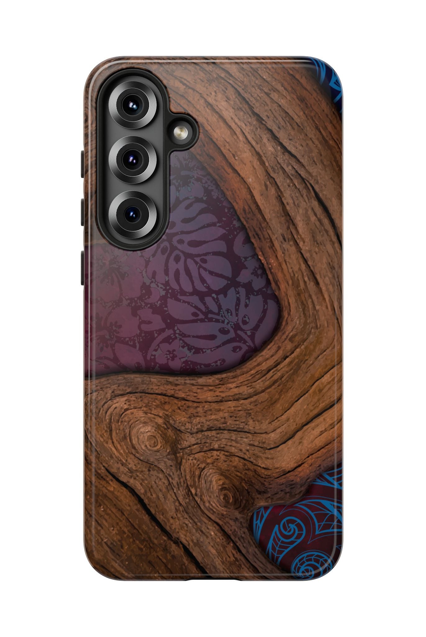 Rooted Tough Samsung Galaxy Case Detail View - Hawaiian Koa Wood Island Strength Tribal Design Close Up - The Local Banyan