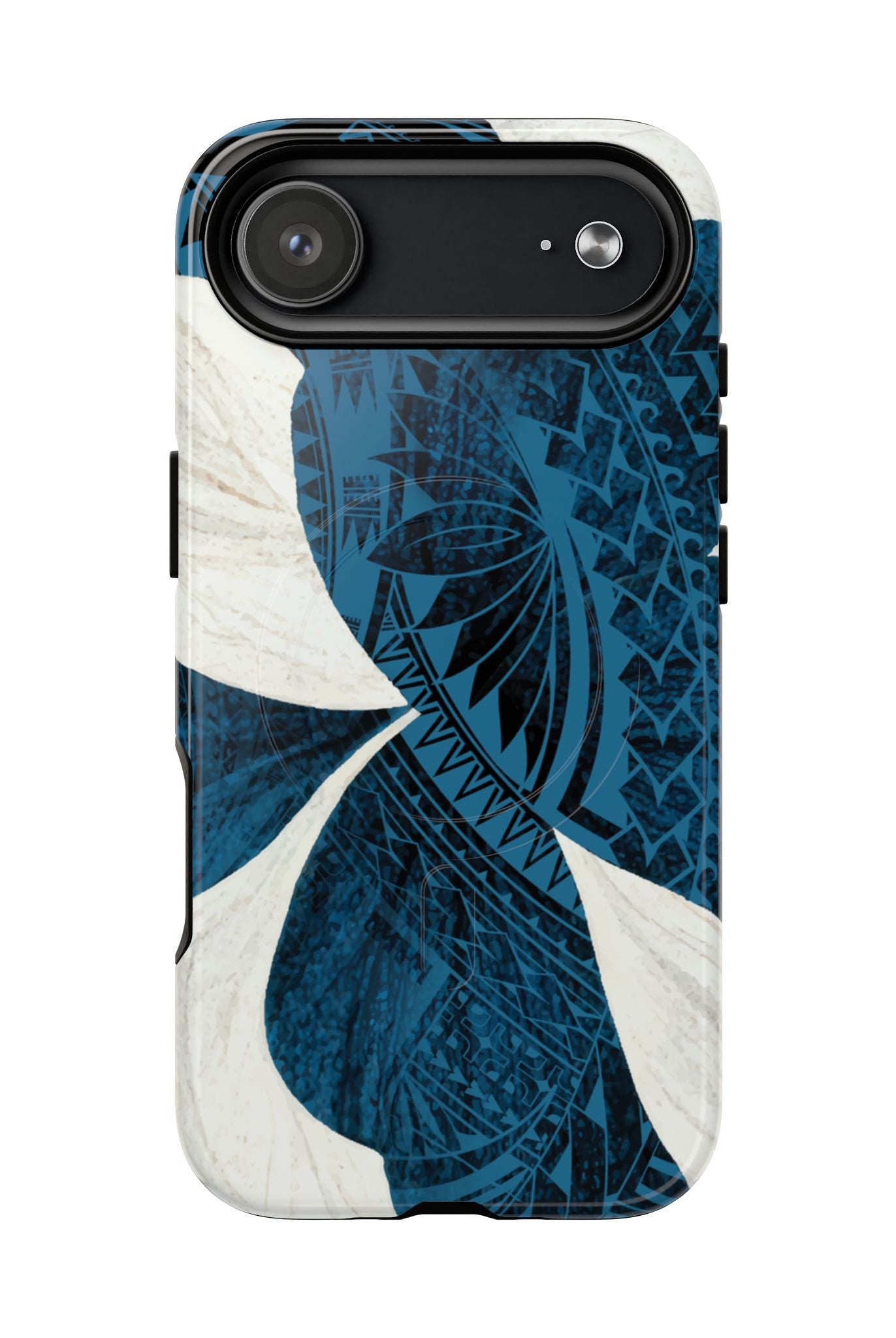 Hana Breeze MagSafe iPhone Case Detail View - Hawaiian Blue Plumeria Polynesian Botanical Design Close Up - The Local Banyan