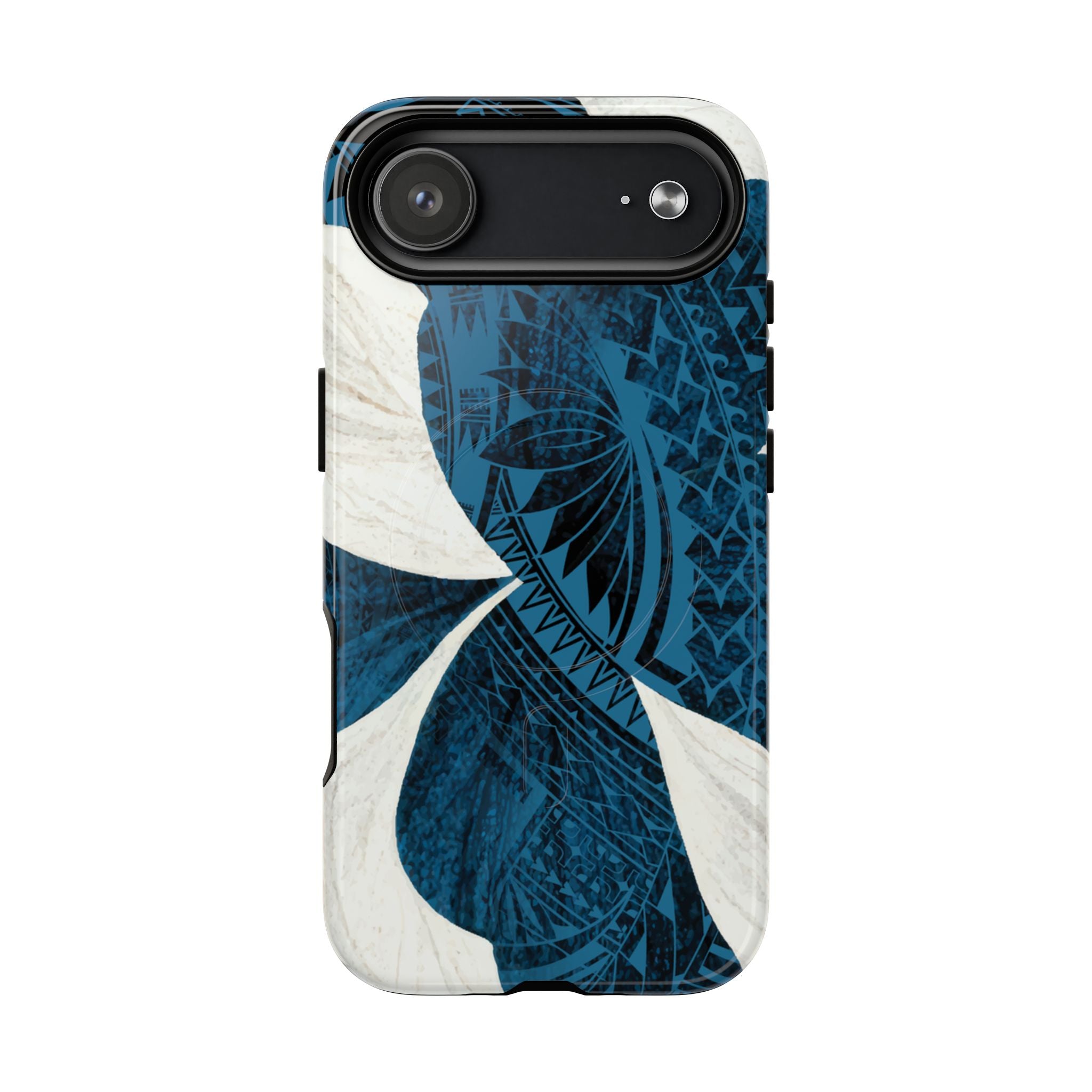 Hana Breeze MagSafe iPhone Case Detail View - Hawaiian Blue Plumeria Polynesian Botanical Design Close Up - The Local Banyan