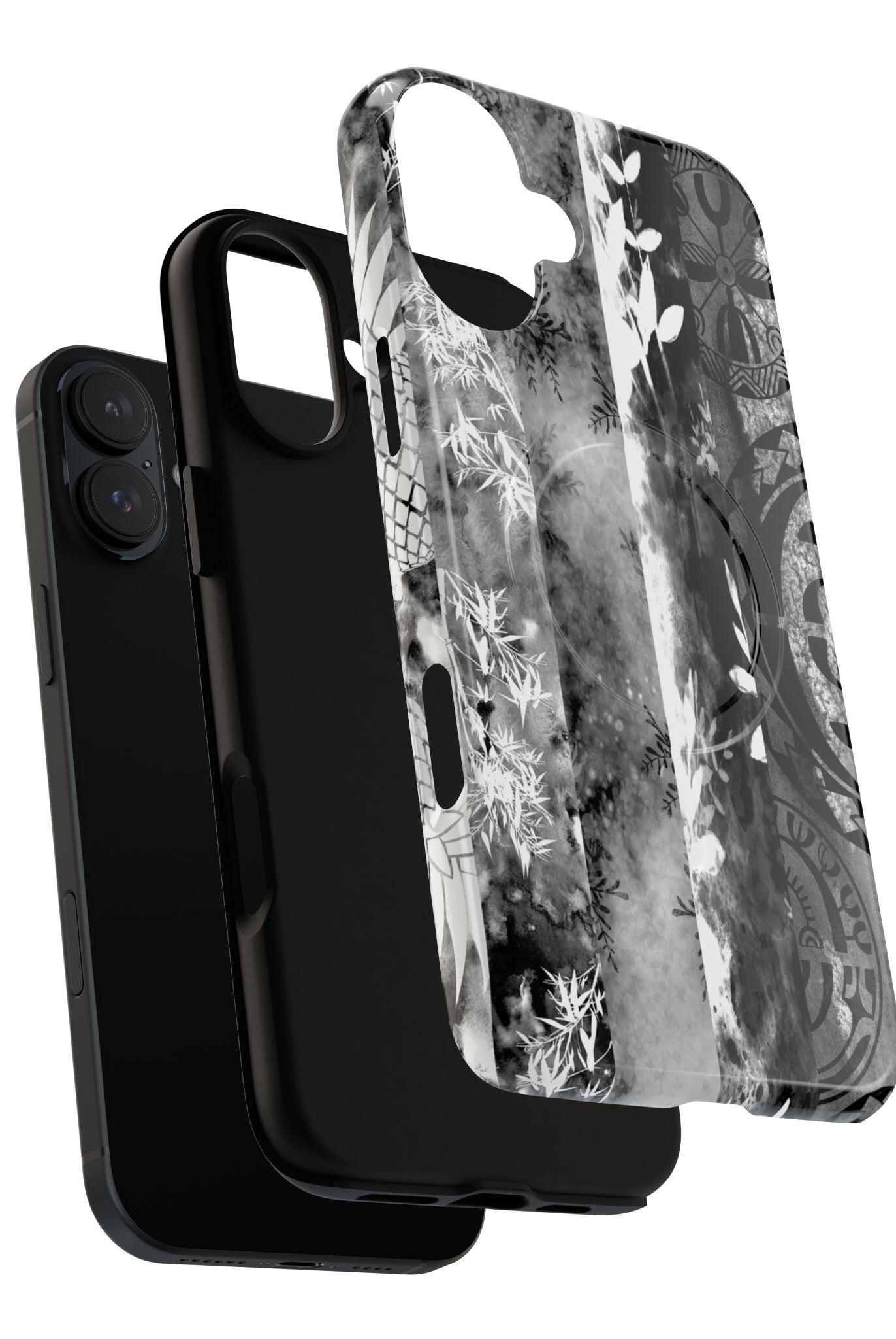 Monochrome Oasis MagSafe iPhone Case Detail View - Hawaiian Black White Botanical Tribal Design Close Up - The Local Banyan