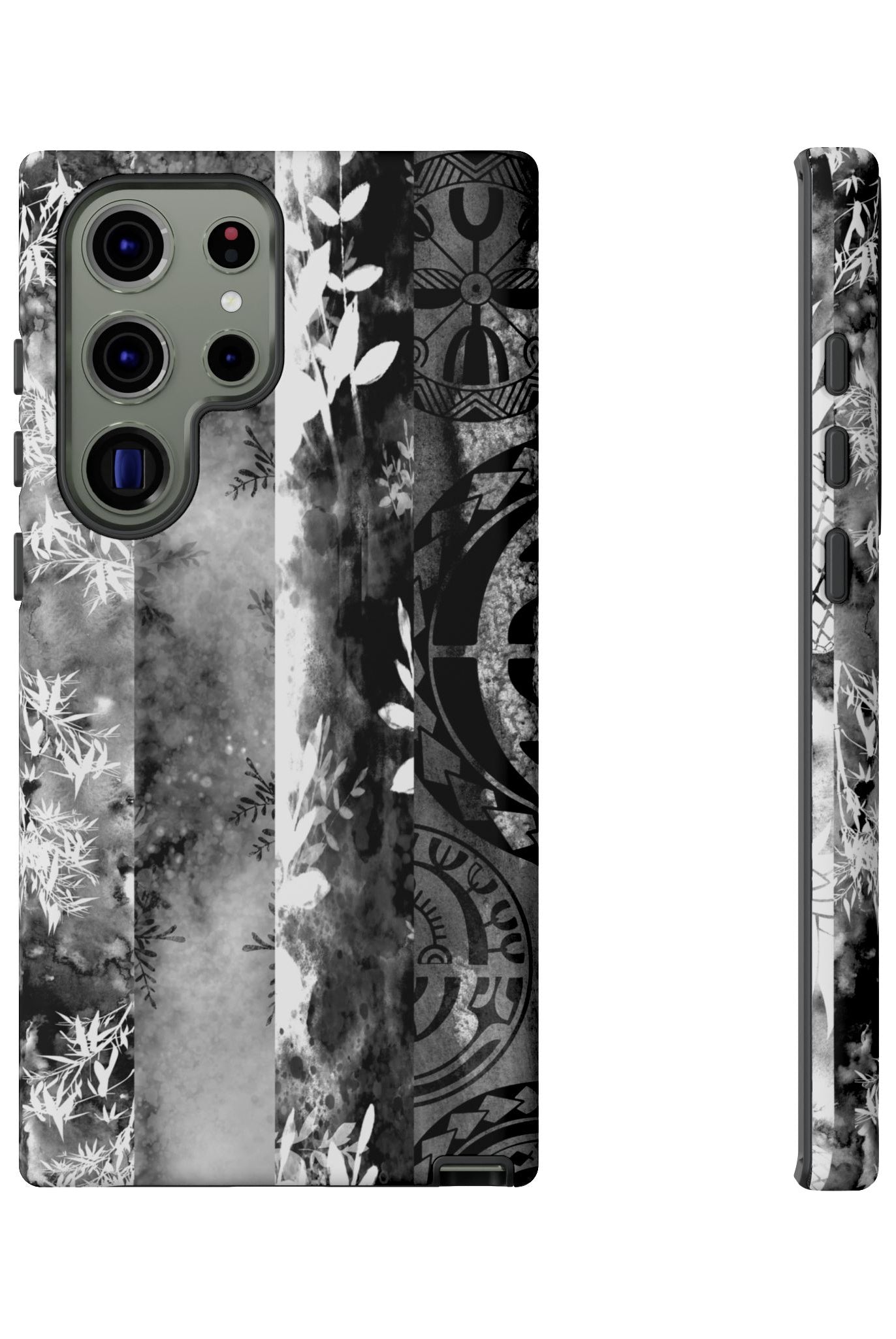 Monochrome Oasis Tough Samsung Galaxy Case Detail View - Hawaiian Black White Botanical Tribal Design Close Up - The Local Banyan