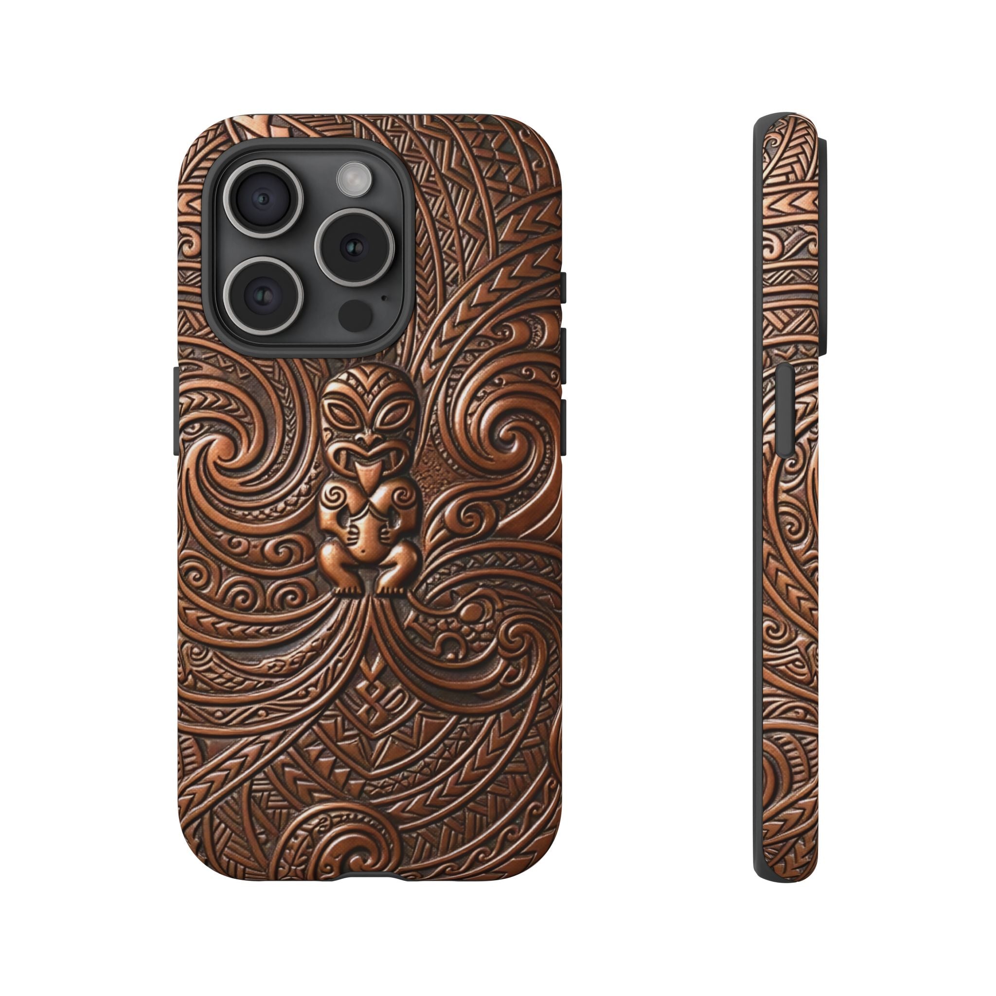 Woman holding Paa Guardian Tough iPhone Case - Hawaiian Copper Carved Tiki Polynesian Design - The Local Banyan