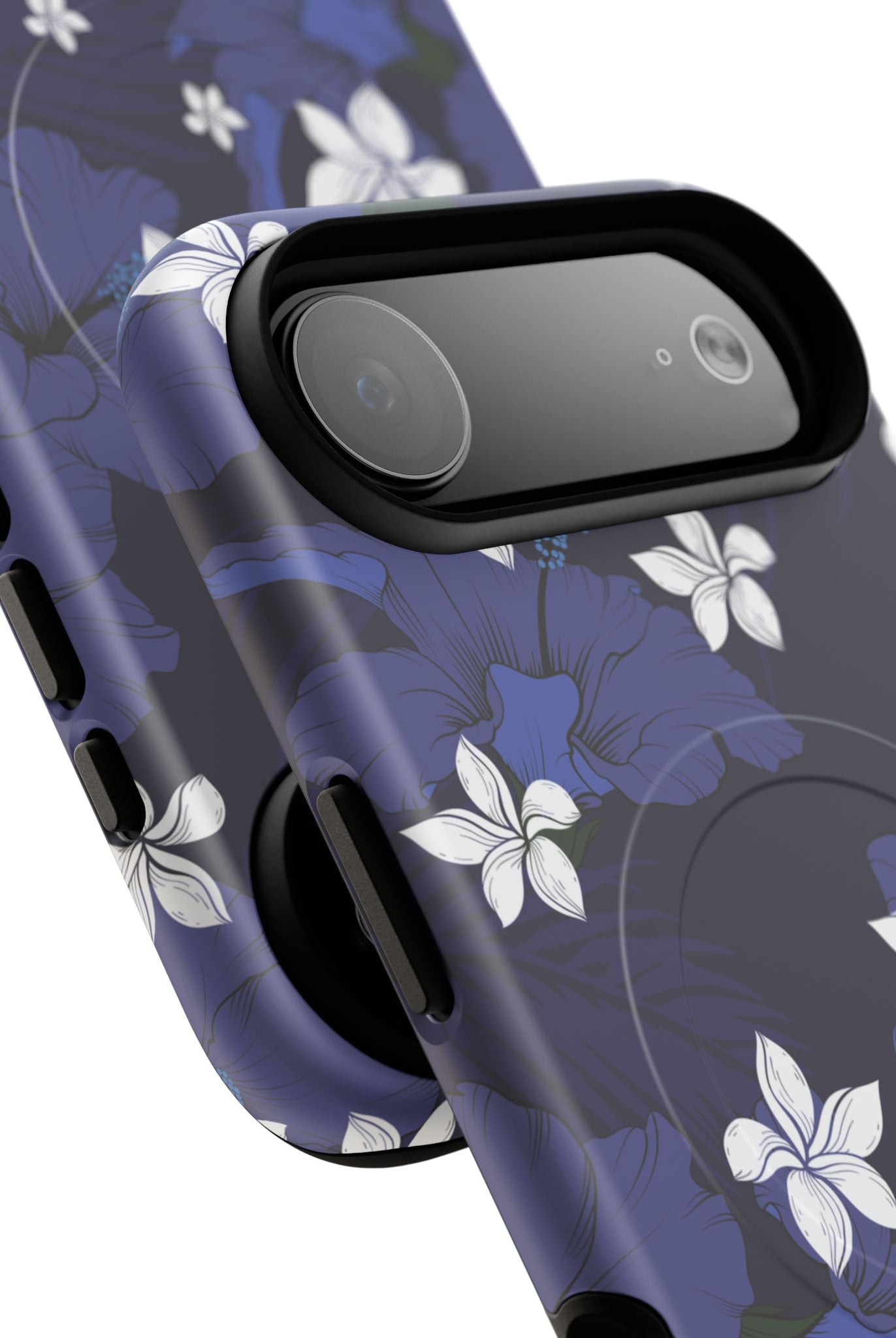 Woman holding Vintage Blue MagSafe iPhone Case - Hawaiian Indigo Hibiscus White Plumeria Design - The Local Banyan