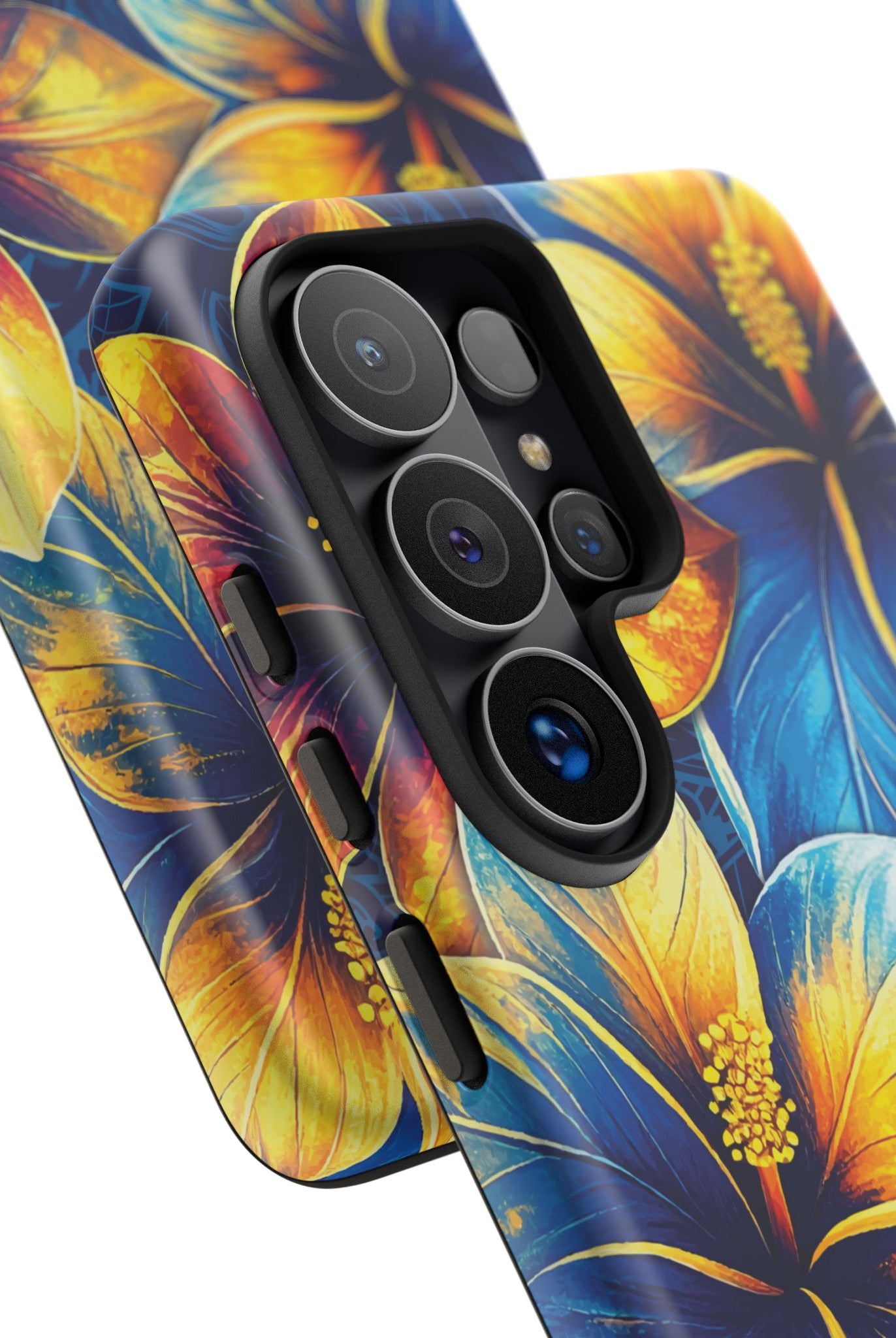 Pua La Tough Samsung Galaxy Case Detail View - Hawaiian Golden Hibiscus Sun Flower Sapphire Design Close Up - The Local Banyan