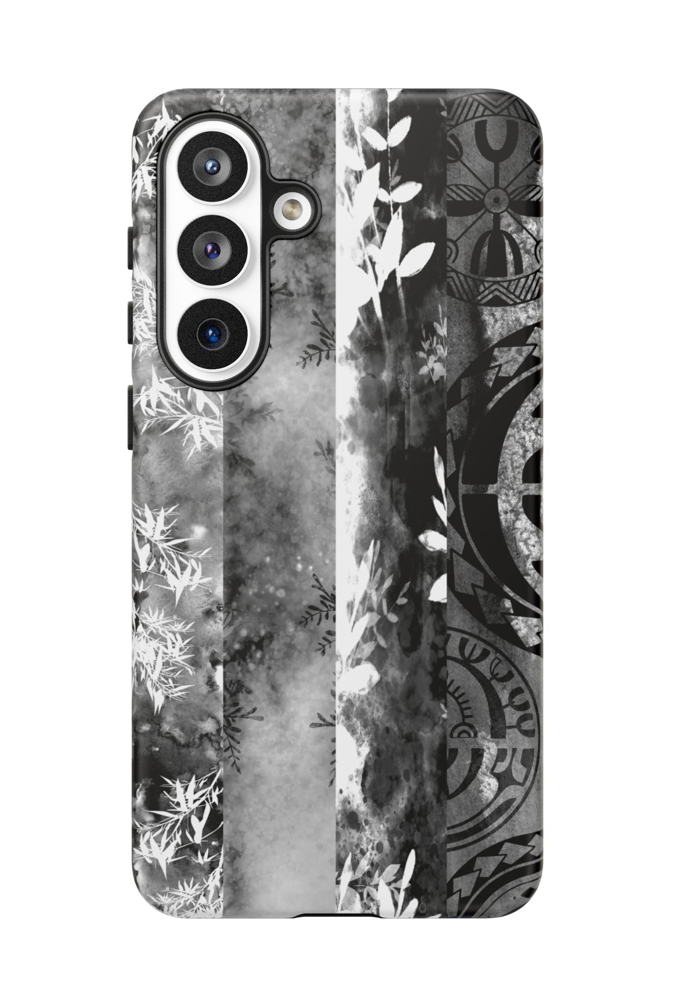 Woman holding Monochrome Oasis Tough Samsung Galaxy Case - Hawaiian Black White Botanical Tribal Design - The Local Banyan