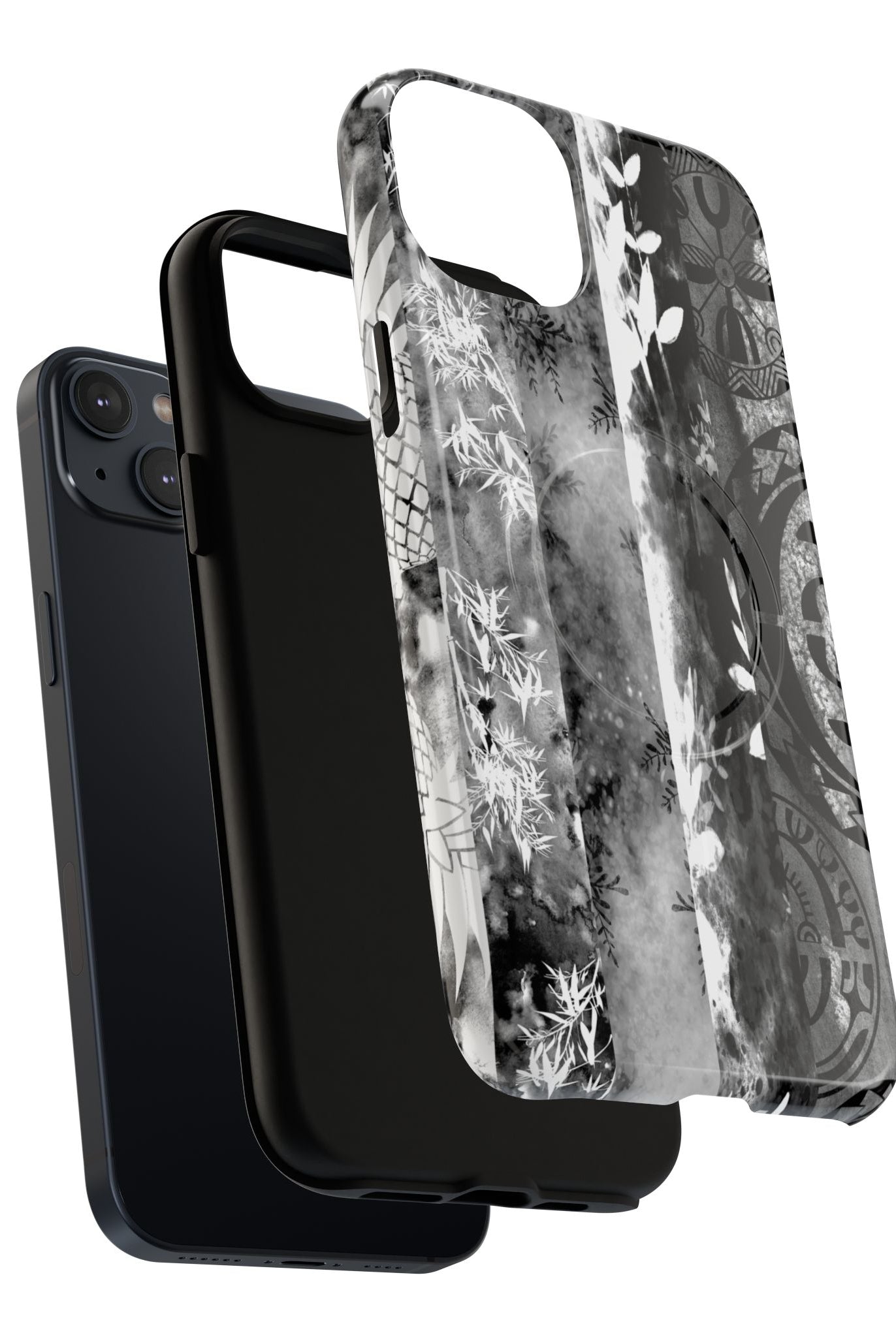 Woman holding Monochrome Oasis MagSafe iPhone Case - Hawaiian Black White Botanical Tribal Design - The Local Banyan
