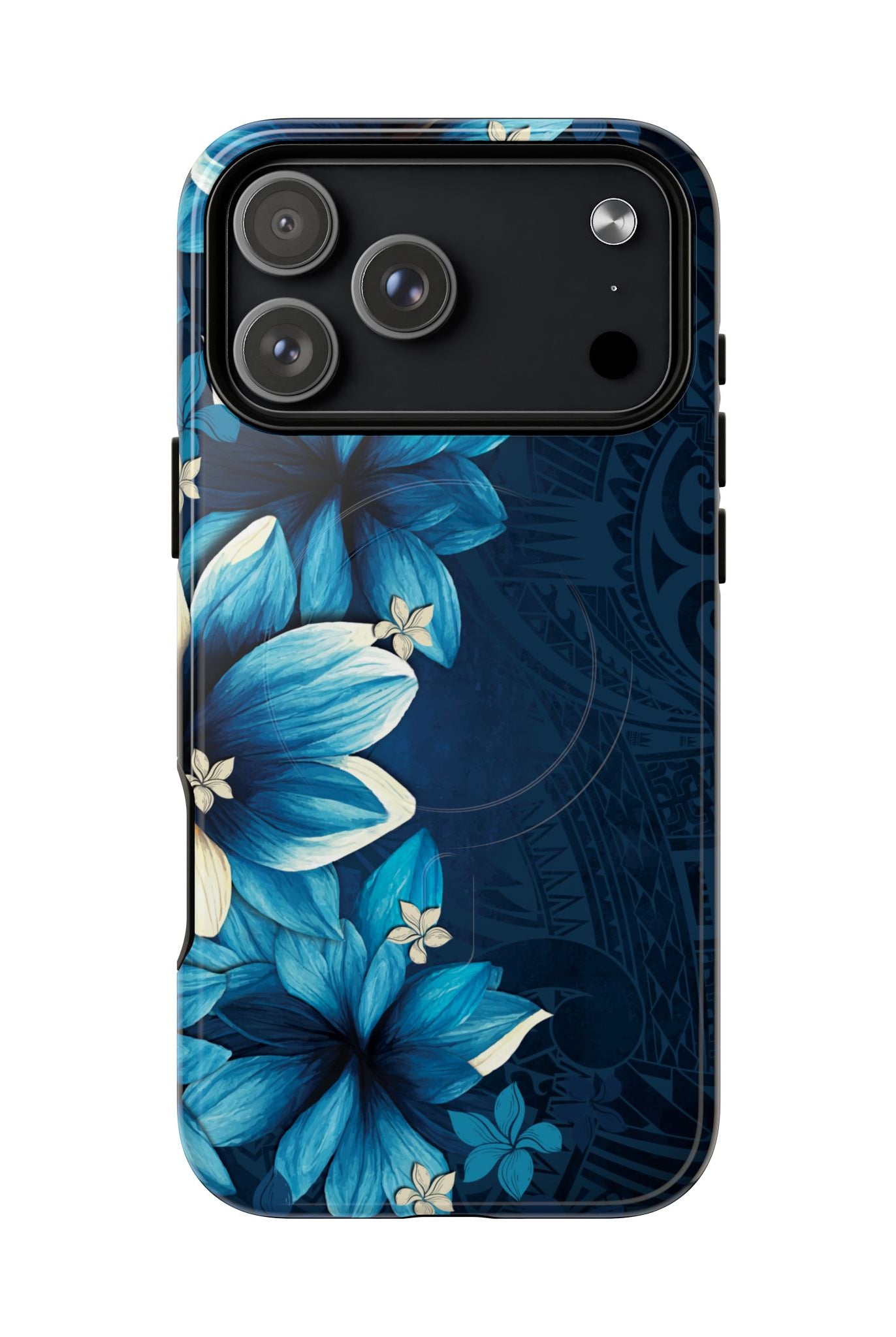 Woman holding Leilani Nights MagSafe iPhone Case - Hawaiian Dark Blue Floral Polynesian Design - The Local Banyan
