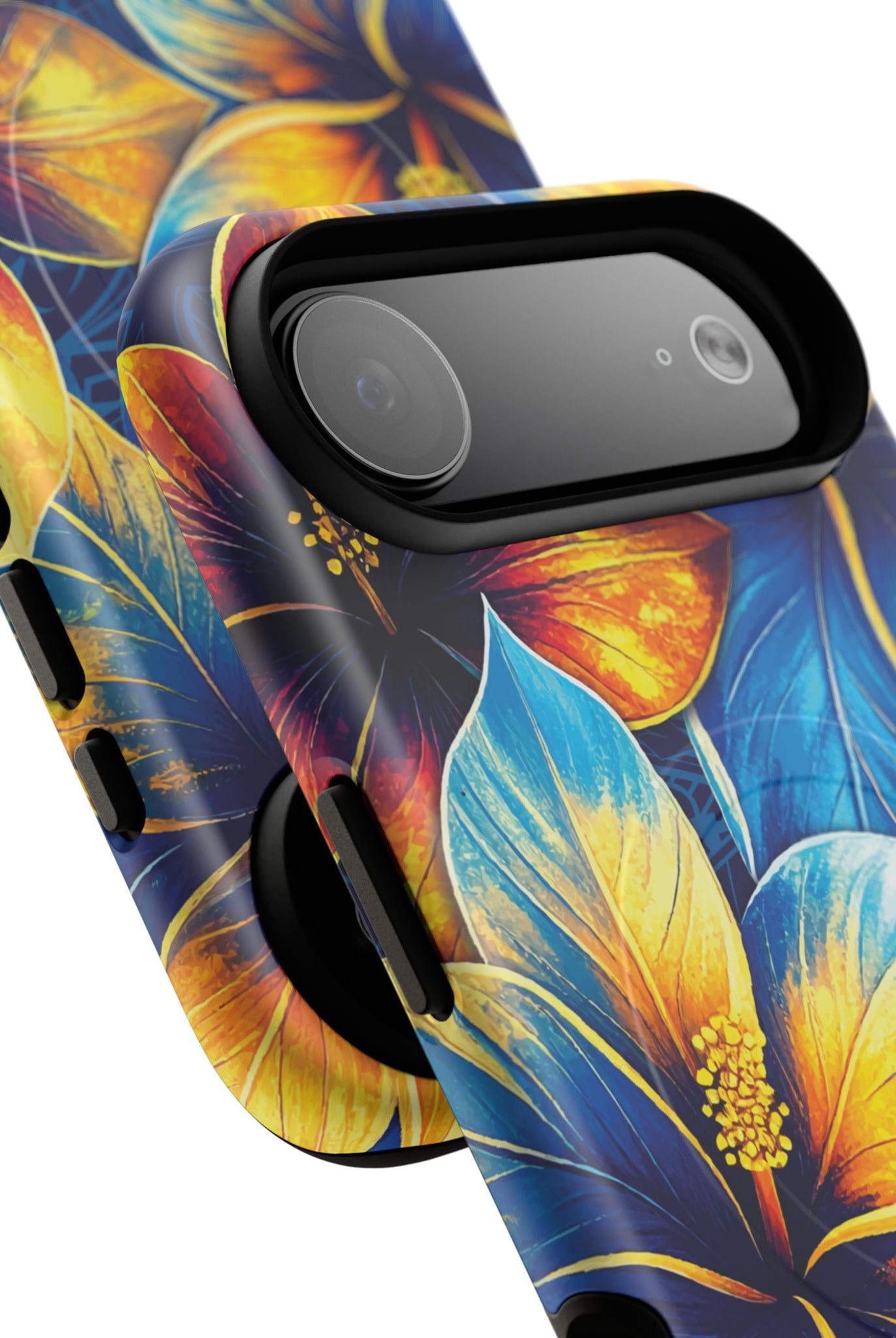 Pua La MagSafe iPhone Case Detail View - Hawaiian Golden Hibiscus Sun Flower Sapphire Design Close Up - The Local Banyan