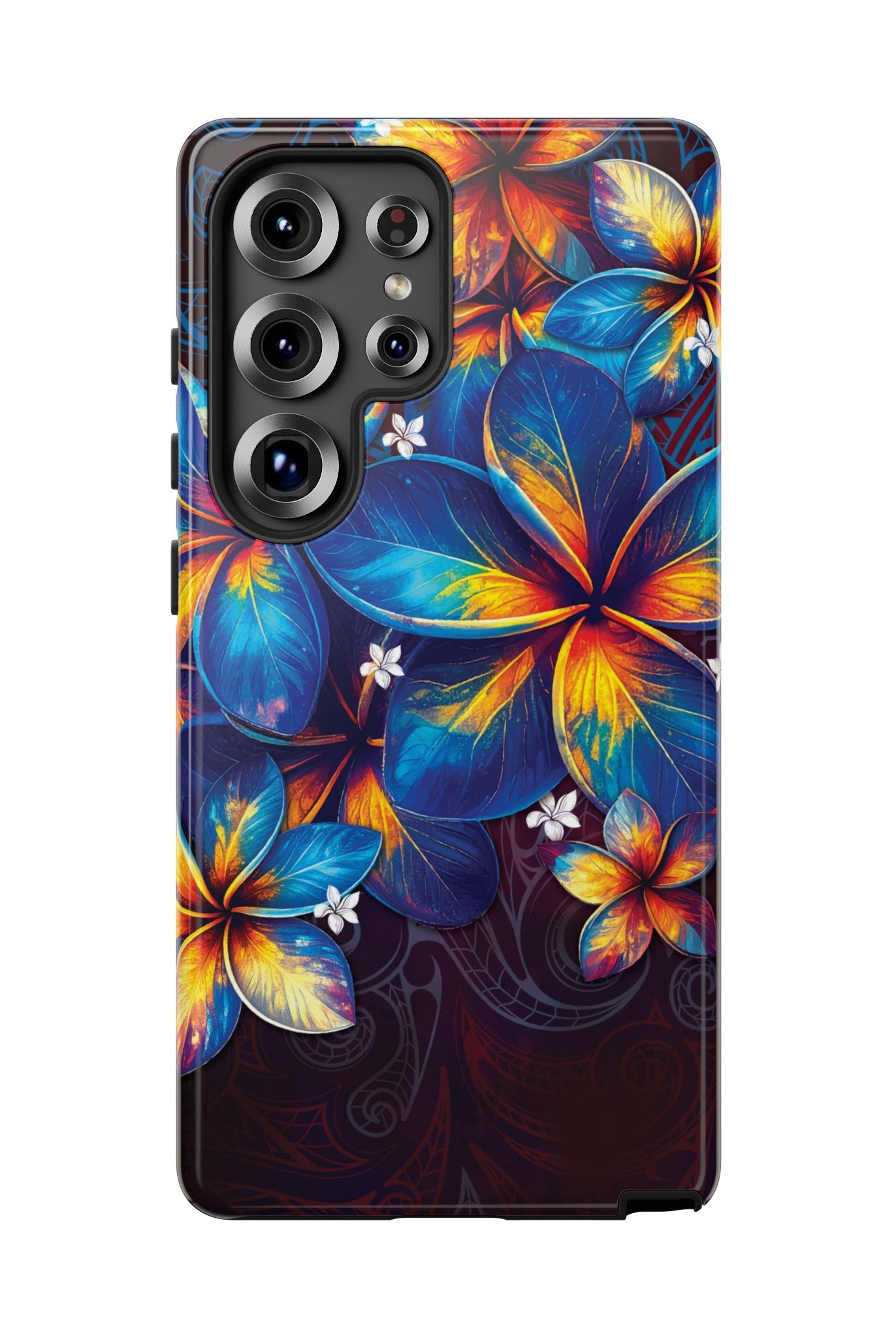 Nohea Twilight Tough Samsung Galaxy Case Detail View - Hawaiian Blue Orange Plumeria Twilight Design Close Up - The Local Banyan