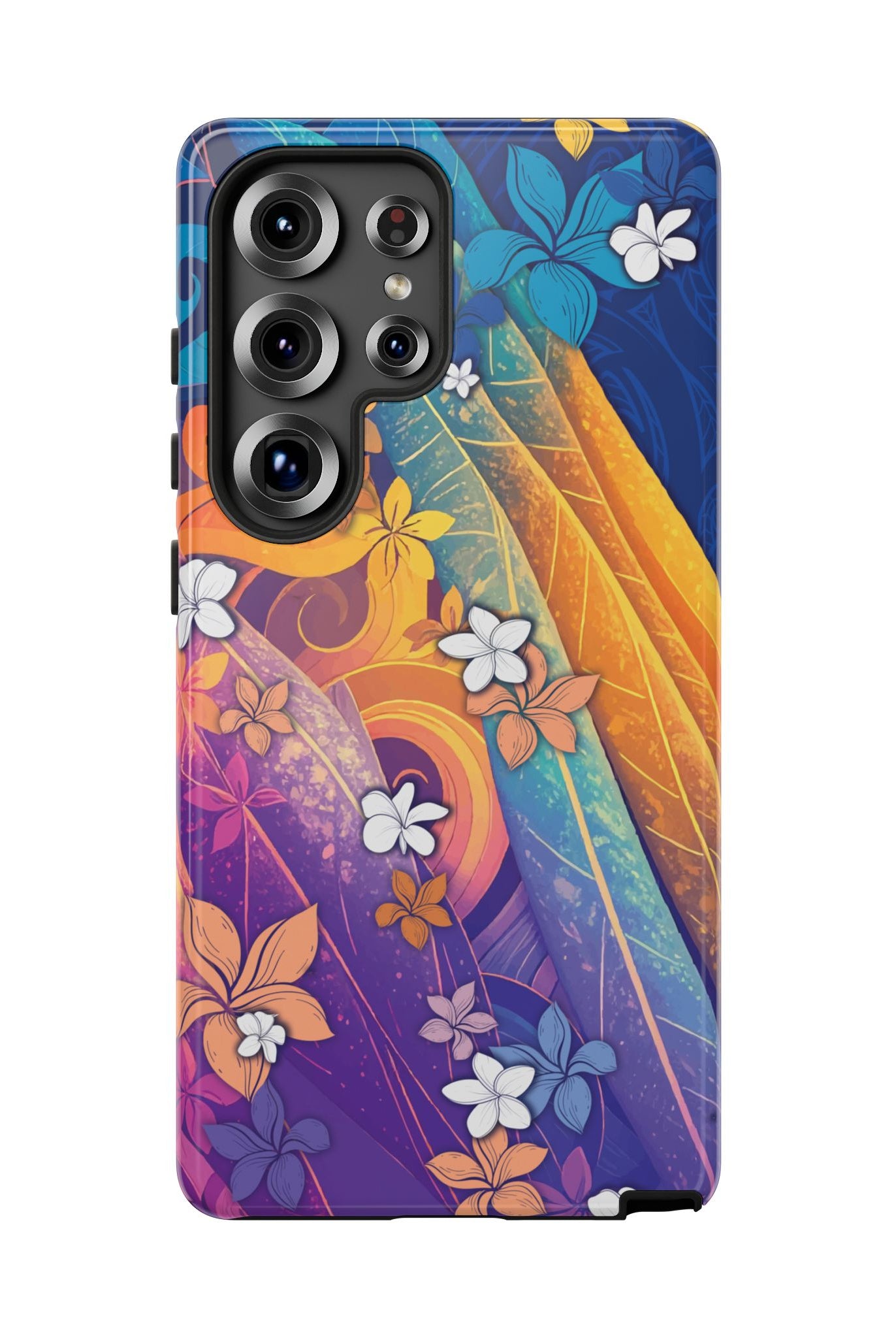 Woman holding Mauna Sunrise Tough Samsung Galaxy Case - Hawaiian Colorful Sunrise Plumeria Design - The Local Banyan