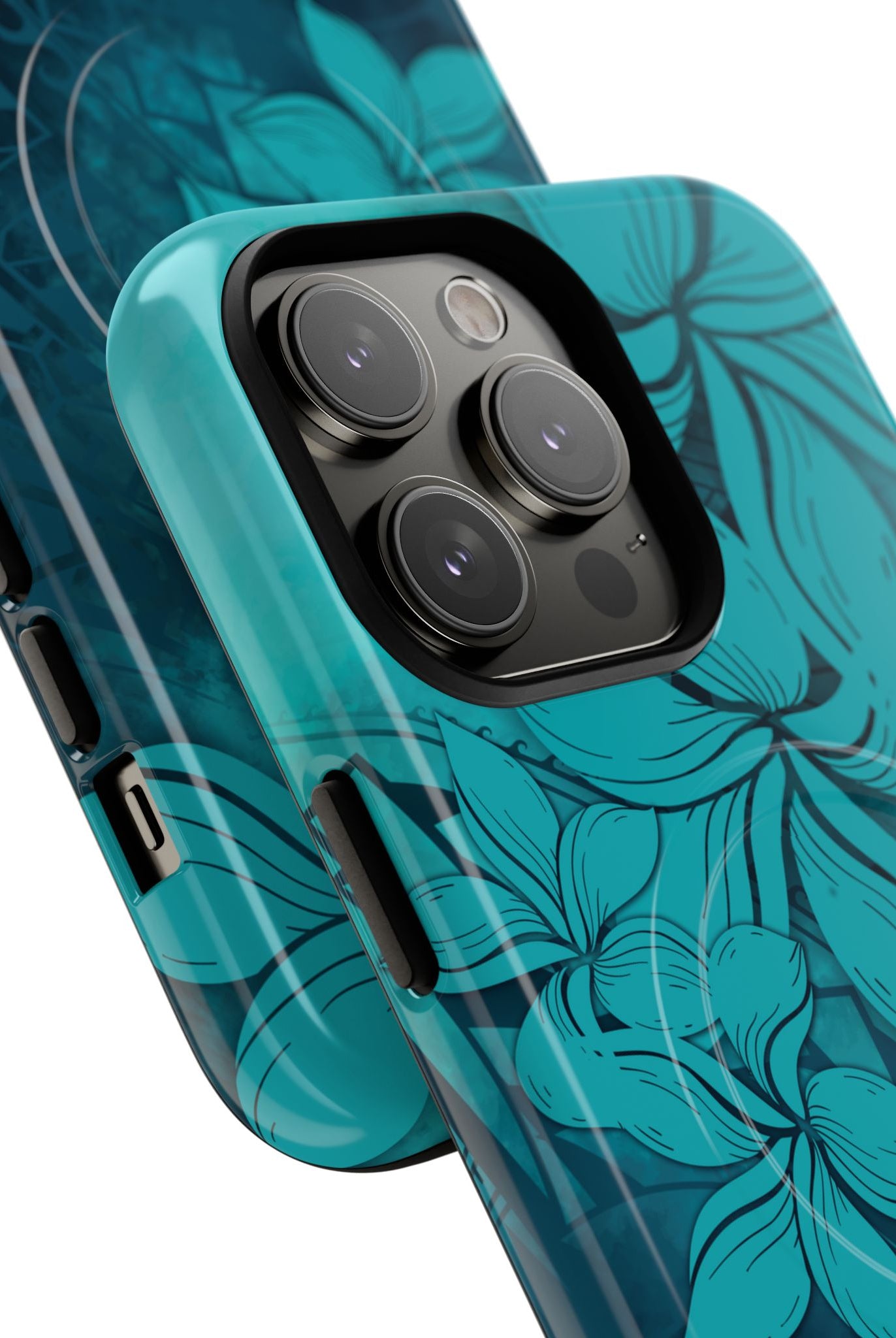 Woman holding Moana Bloom MagSafe iPhone Case - Hawaiian Teal Plumeria Ocean Tribal Design - The Local Banyan