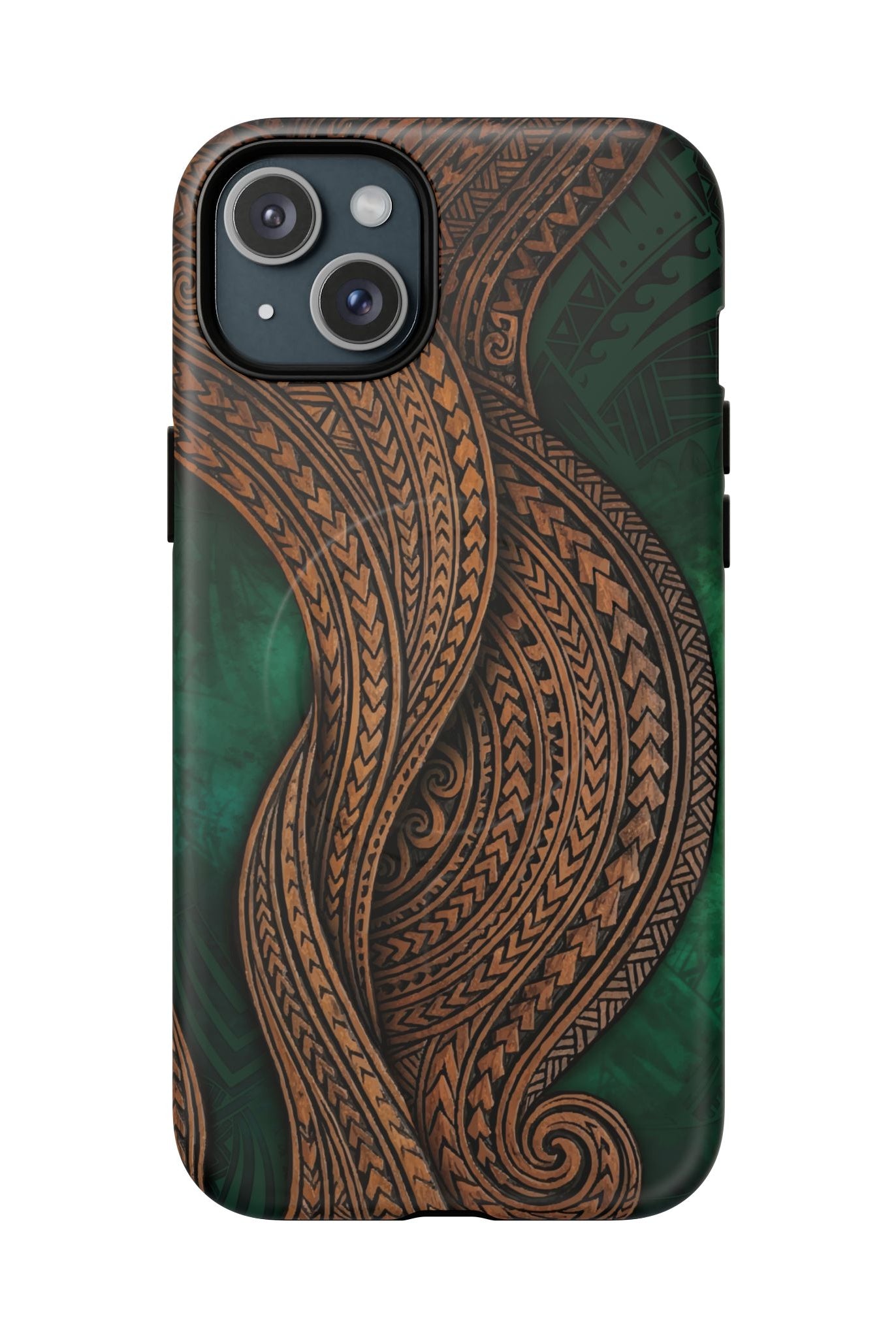 Island Kalai MagSafe iPhone Case iPhone 15 Plus Matte - Hawaiian Carved Wood Grain Emerald Green Tribal Design - The Local Banyan