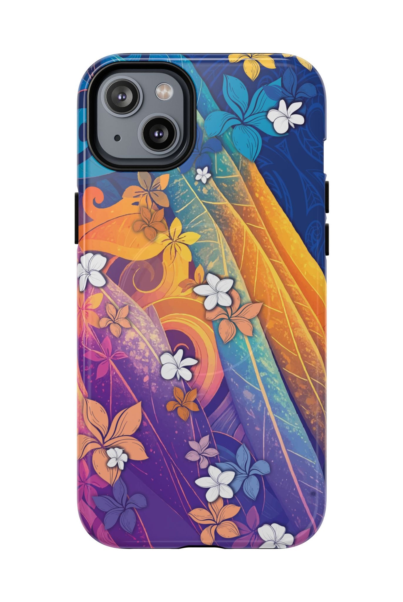 Mauna Sunrise MagSafe iPhone Case iPhone 14 Plus Glossy - Hawaiian Colorful Sunrise Plumeria Design - The Local Banyan