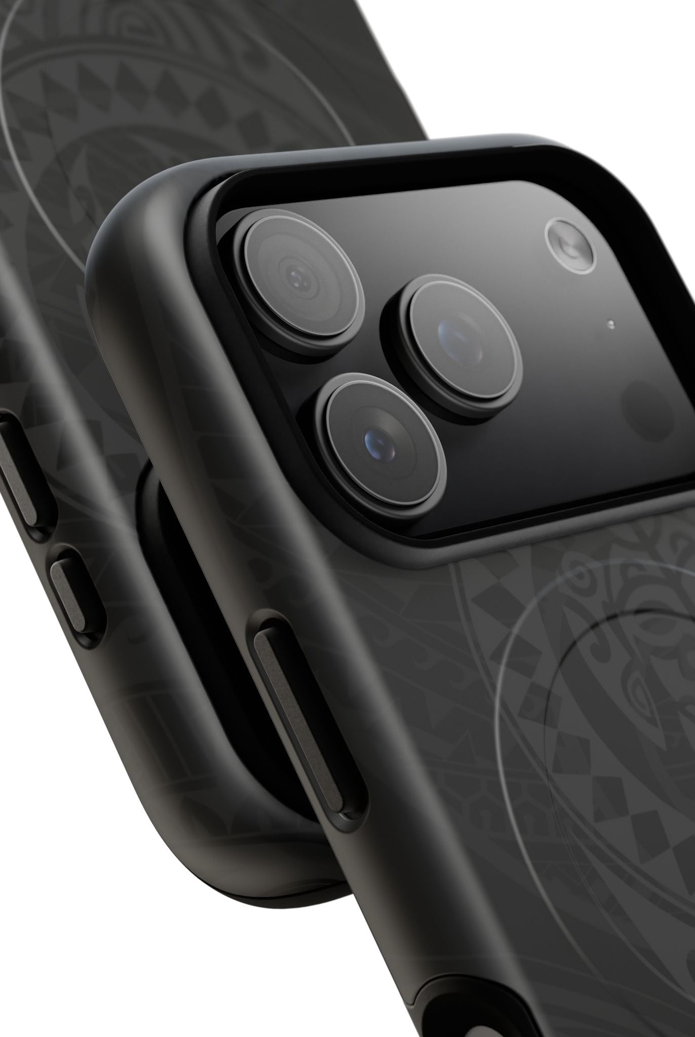 Tribal Guardian MagSafe iPhone Case Detail View - Hawaiian Black on Black Polynesian Tribal Design Close Up - The Local Banyan
