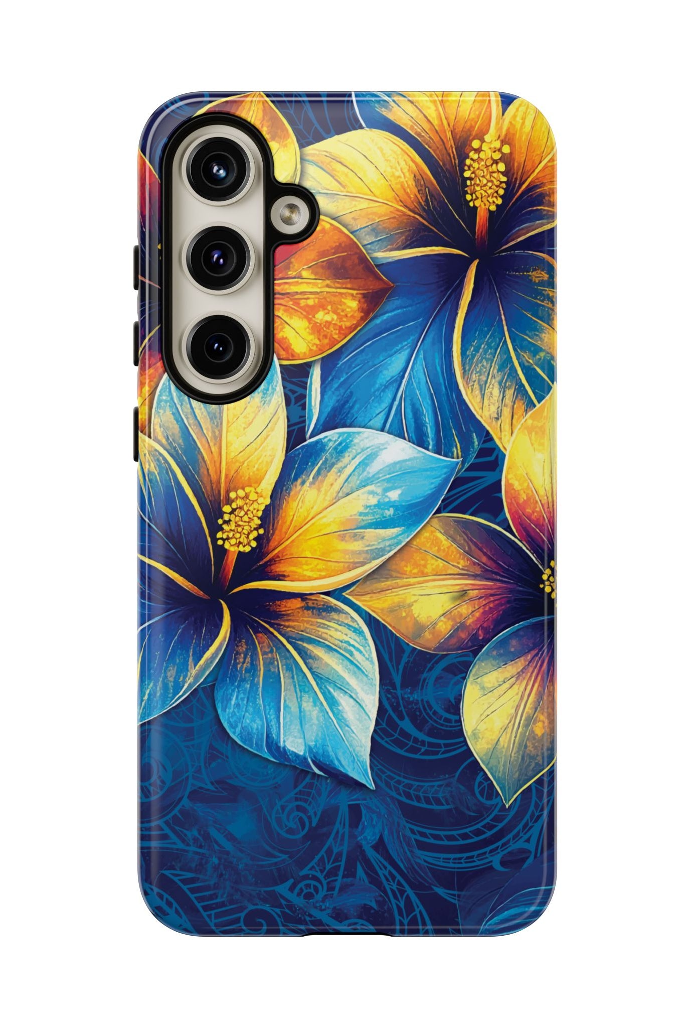 Pua La Tough Samsung Galaxy Case Detail View - Hawaiian Golden Hibiscus Sun Flower Sapphire Design Close Up - The Local Banyan