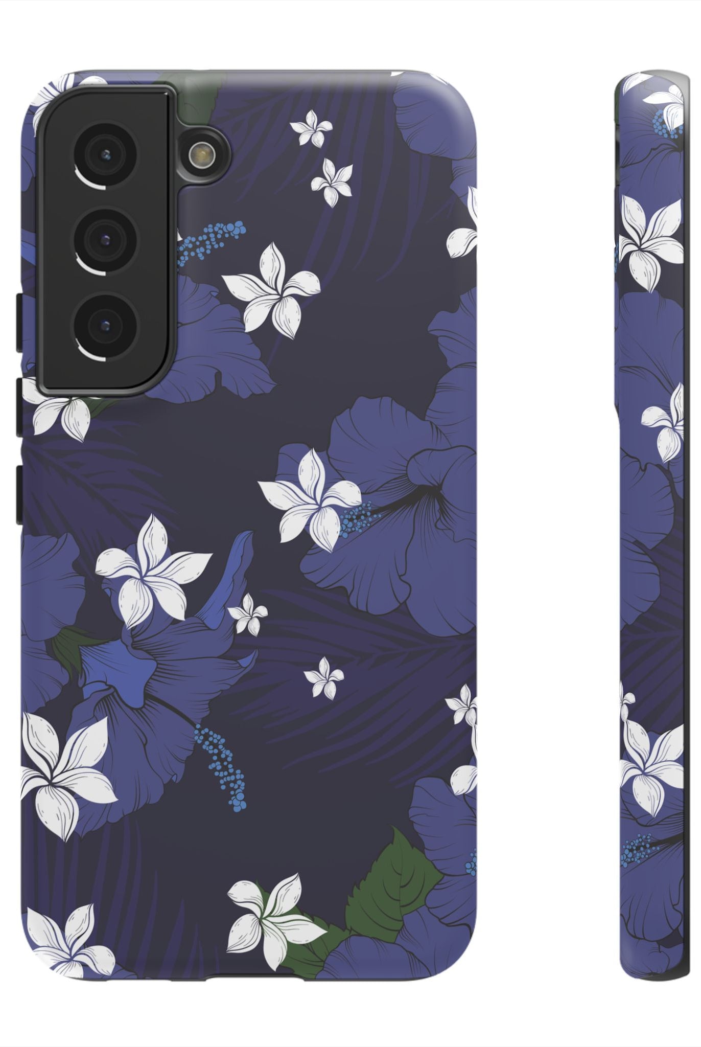 Vintage Blue Tough Samsung Galaxy Case Samsung Galaxy S22 Matte - Hawaiian Indigo Hibiscus White Plumeria Design - The Local Banyan