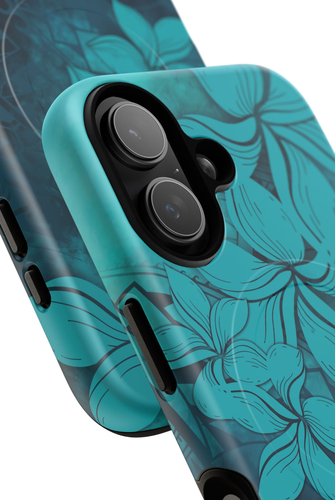 Woman holding Moana Bloom MagSafe iPhone Case - Hawaiian Teal Plumeria Ocean Tribal Design - The Local Banyan