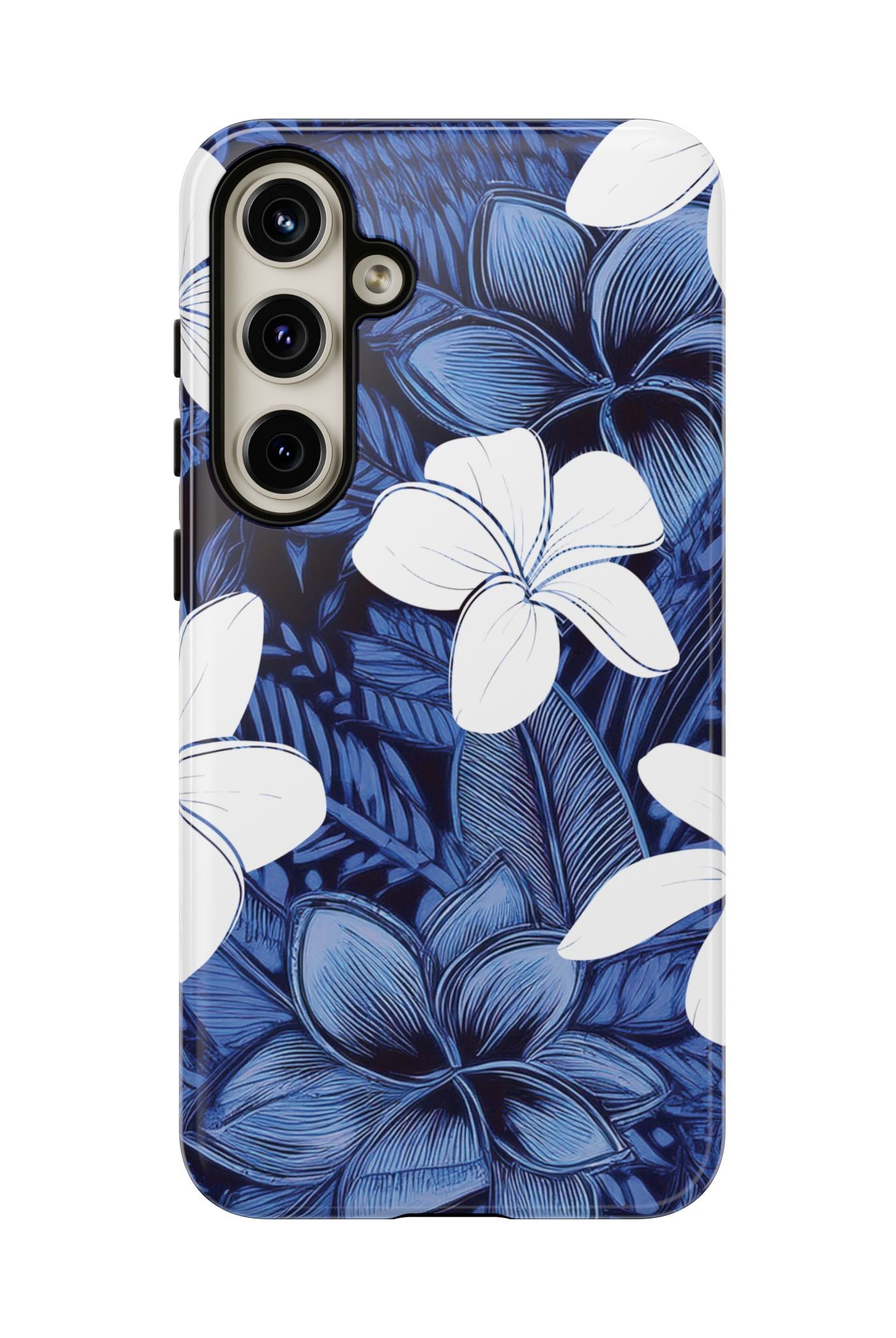 Woman holding Eternal Blue Plumeria Tough Samsung Galaxy Case - Hawaiian Blue Plumeria Ocean Floral Design - The Local Banyan