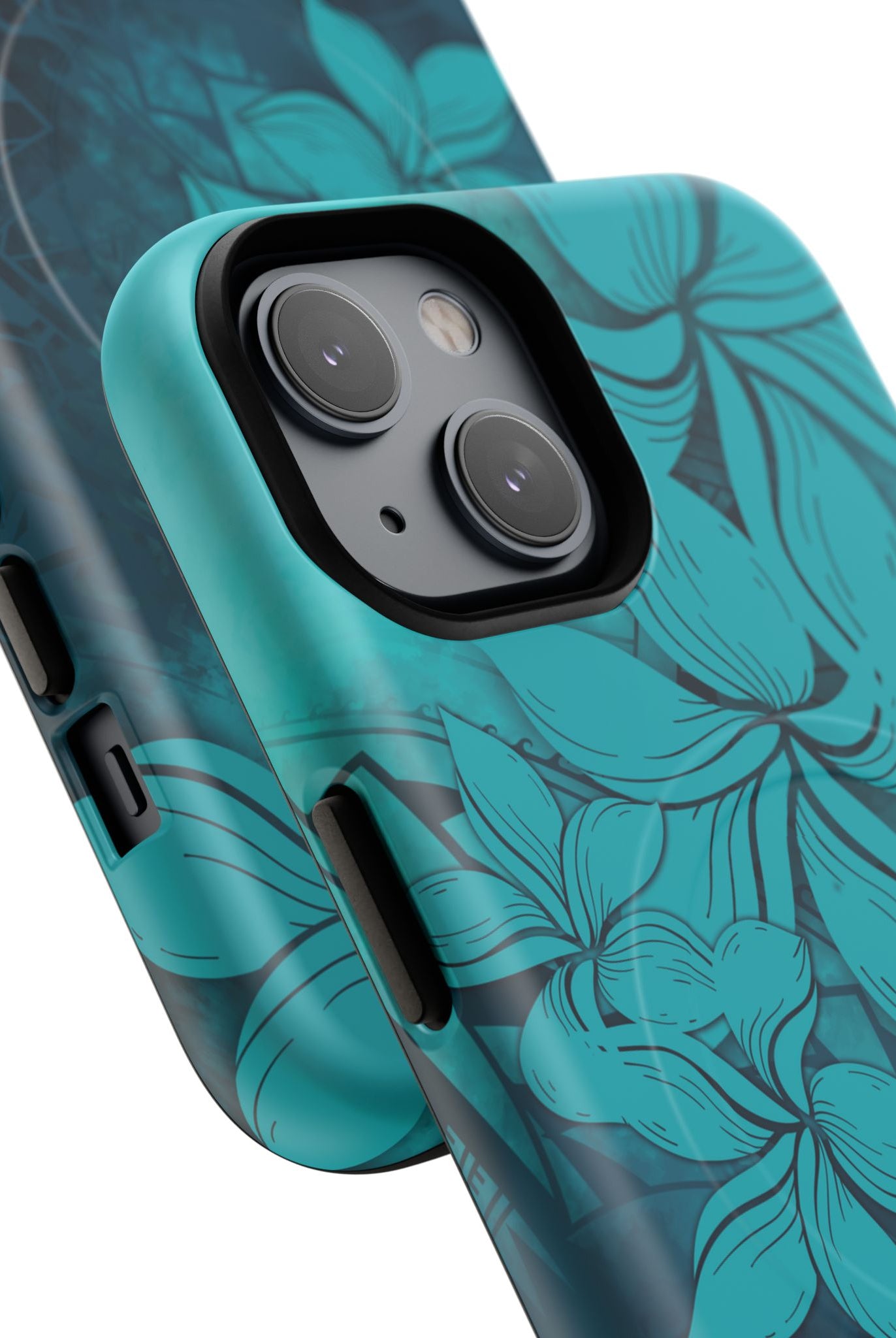 Moana Bloom MagSafe iPhone Case Detail View - Hawaiian Teal Plumeria Ocean Tribal Design Close Up - The Local Banyan