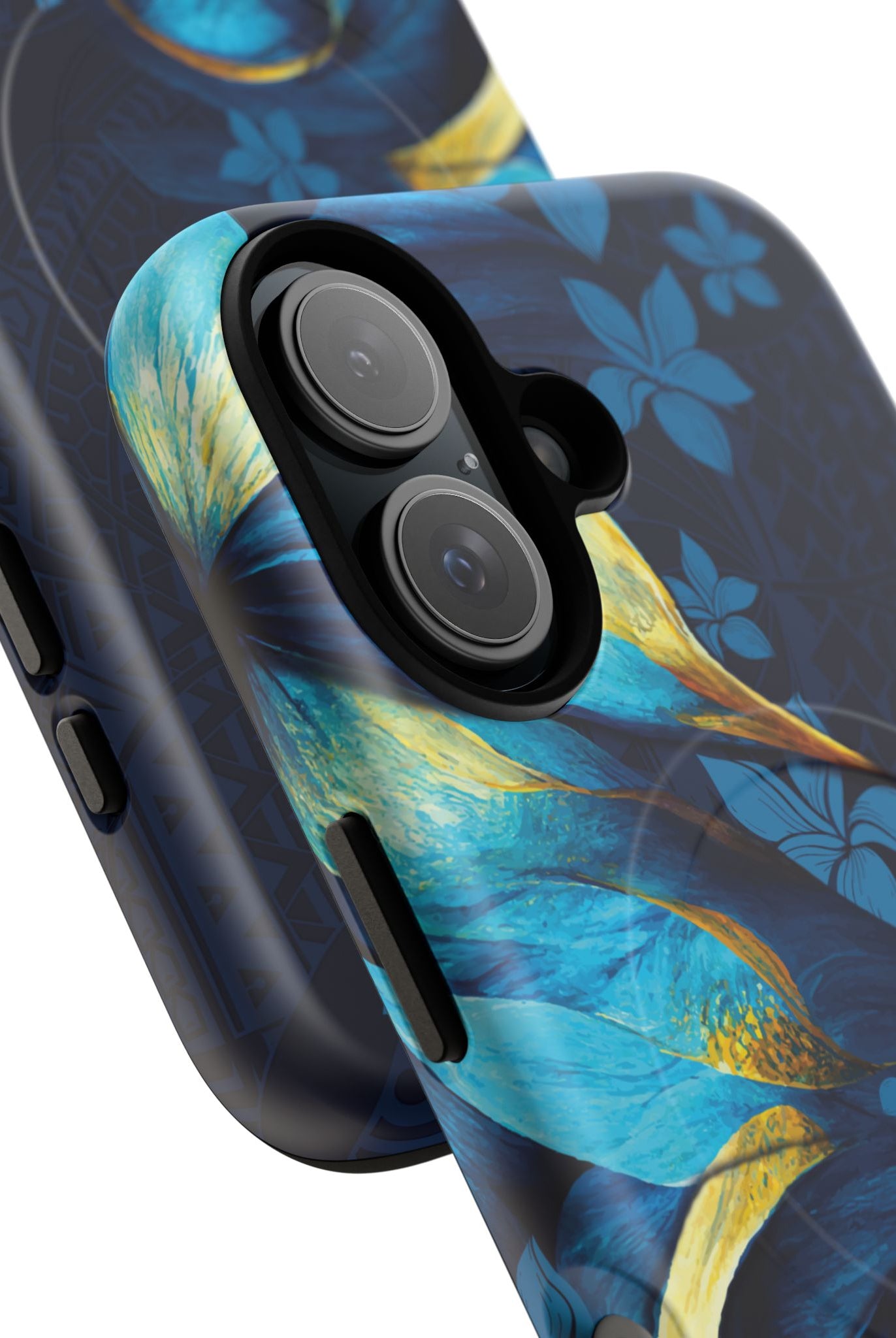 Po Mahina MagSafe iPhone Case Detail View - Hawaiian Moonlit Teal Gold Floral Design Close Up - The Local Banyan