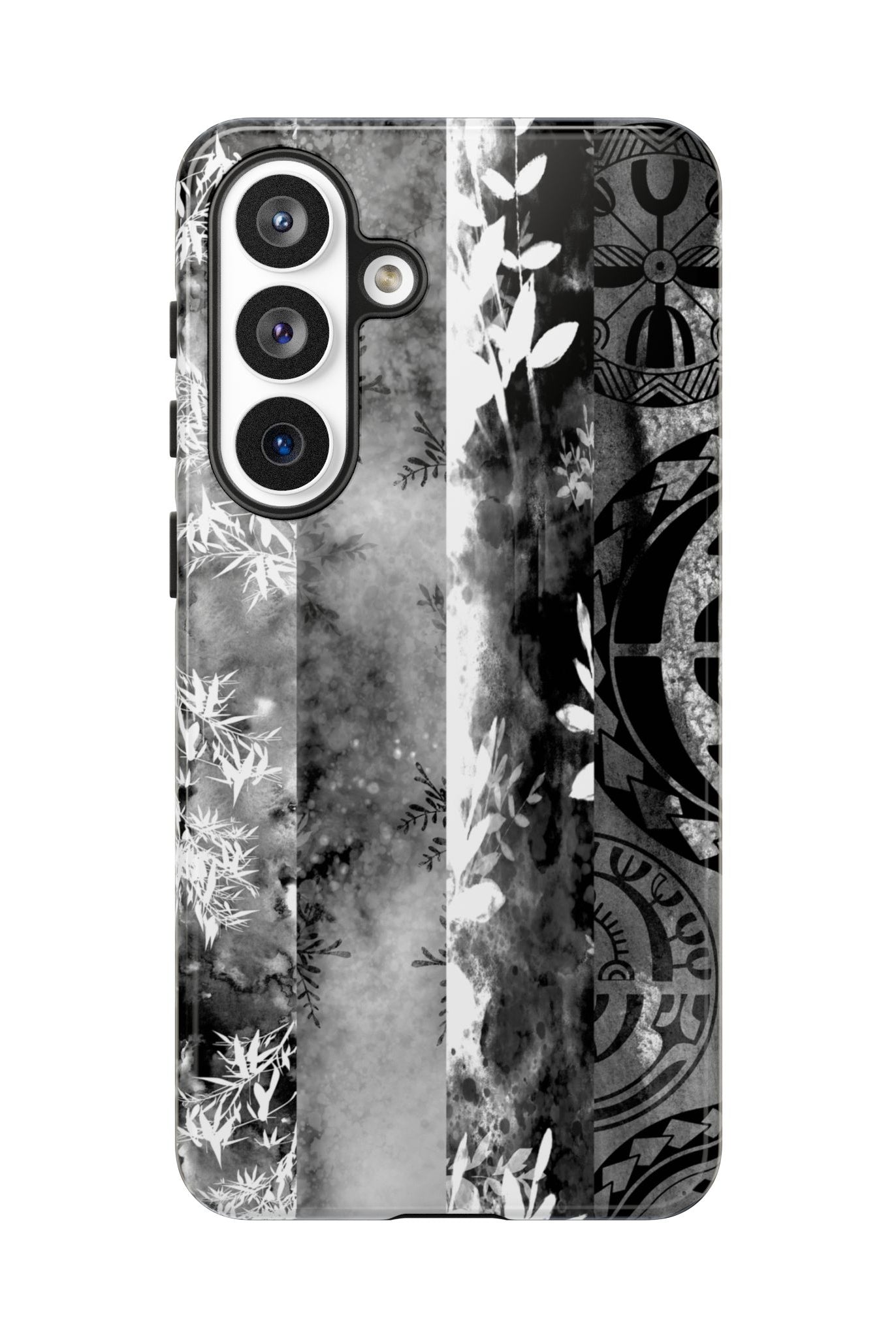 Monochrome Oasis Tough Samsung Galaxy Case Detail View - Hawaiian Black White Botanical Tribal Design Close Up - The Local Banyan