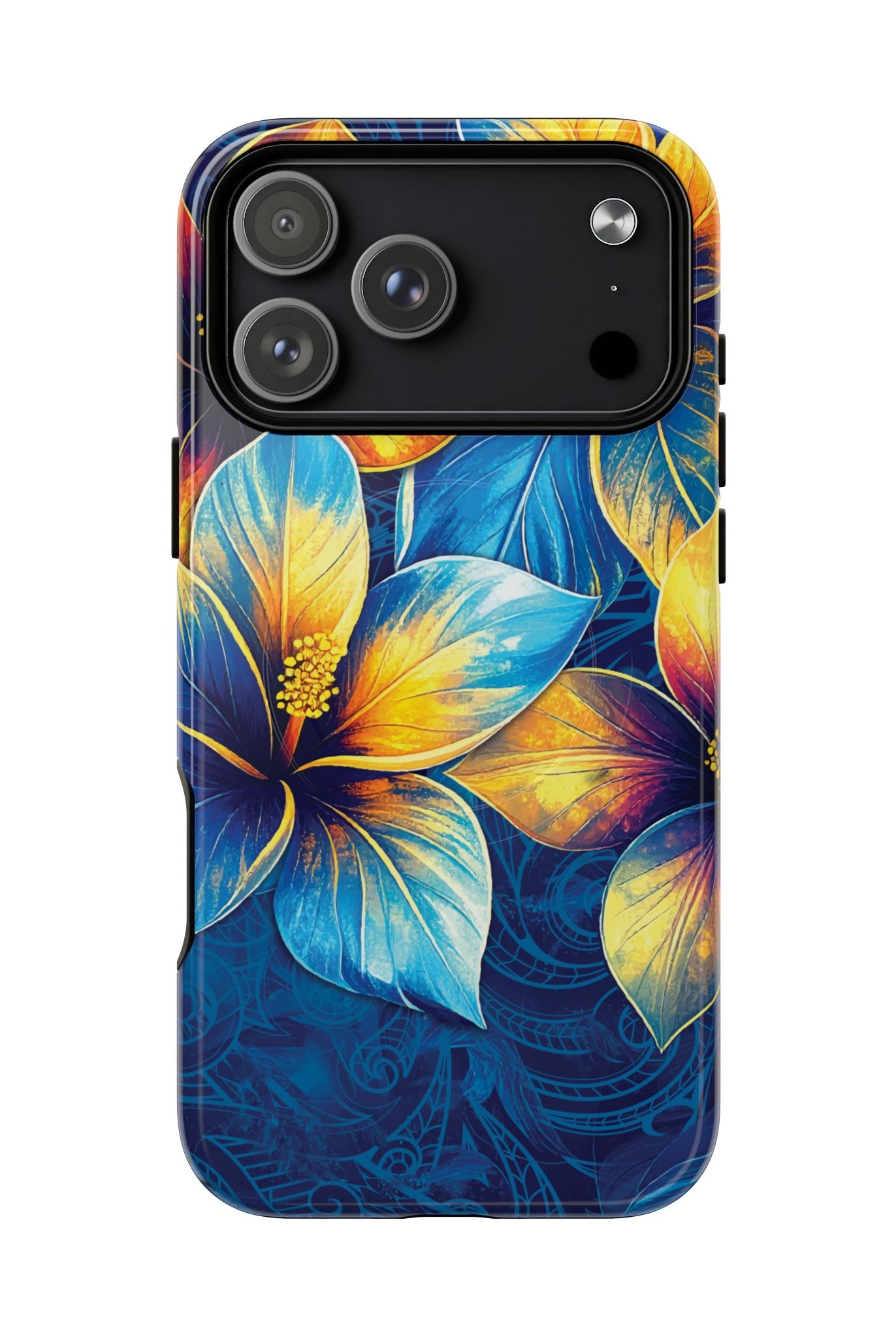 Woman holding Pua La MagSafe iPhone Case - Hawaiian Golden Hibiscus Sun Flower Sapphire Design - The Local Banyan