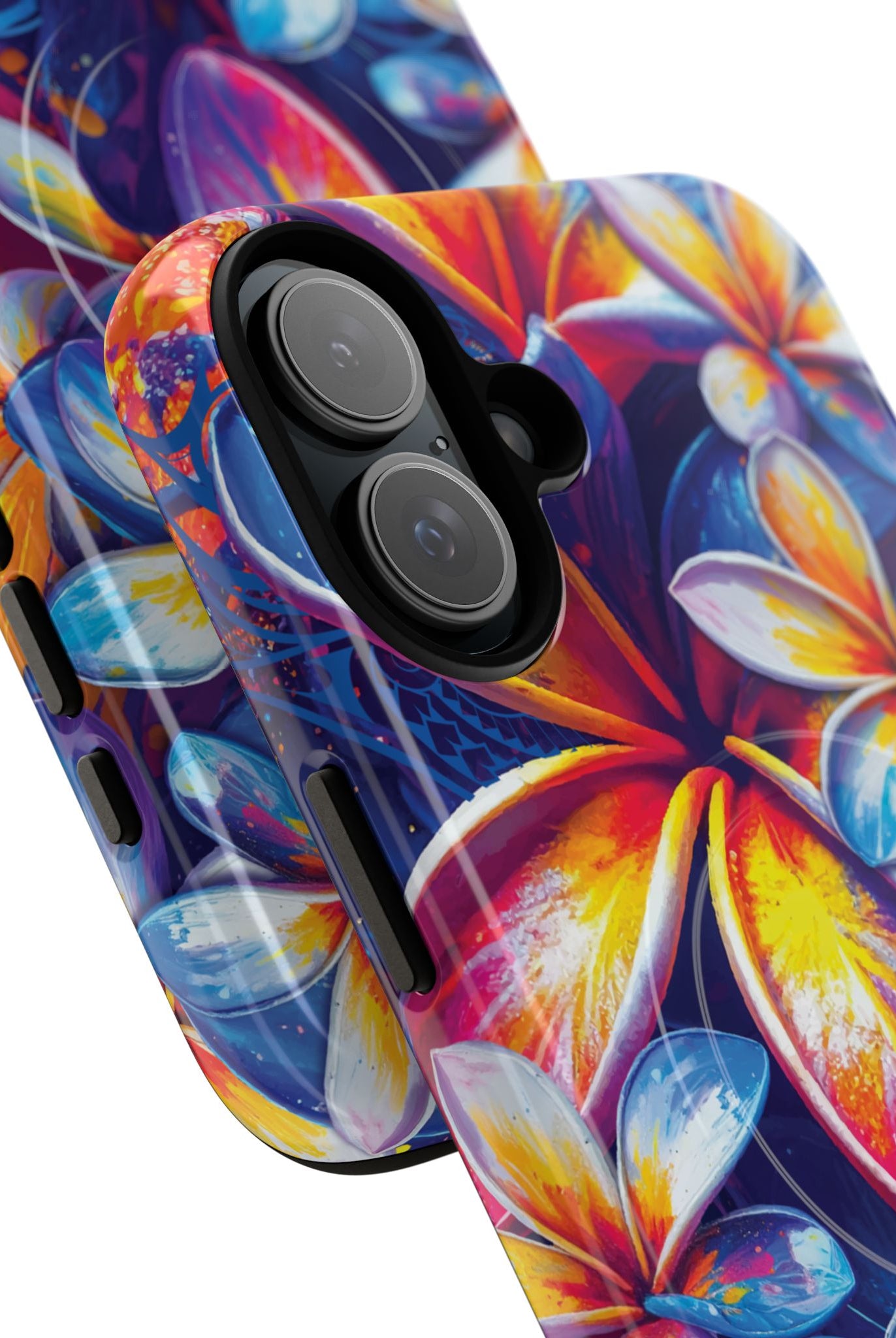 Woman holding Sunset Ink MagSafe iPhone Case - Hawaiian Plumeria Street Art Graffiti Tropical Design - The Local Banyan