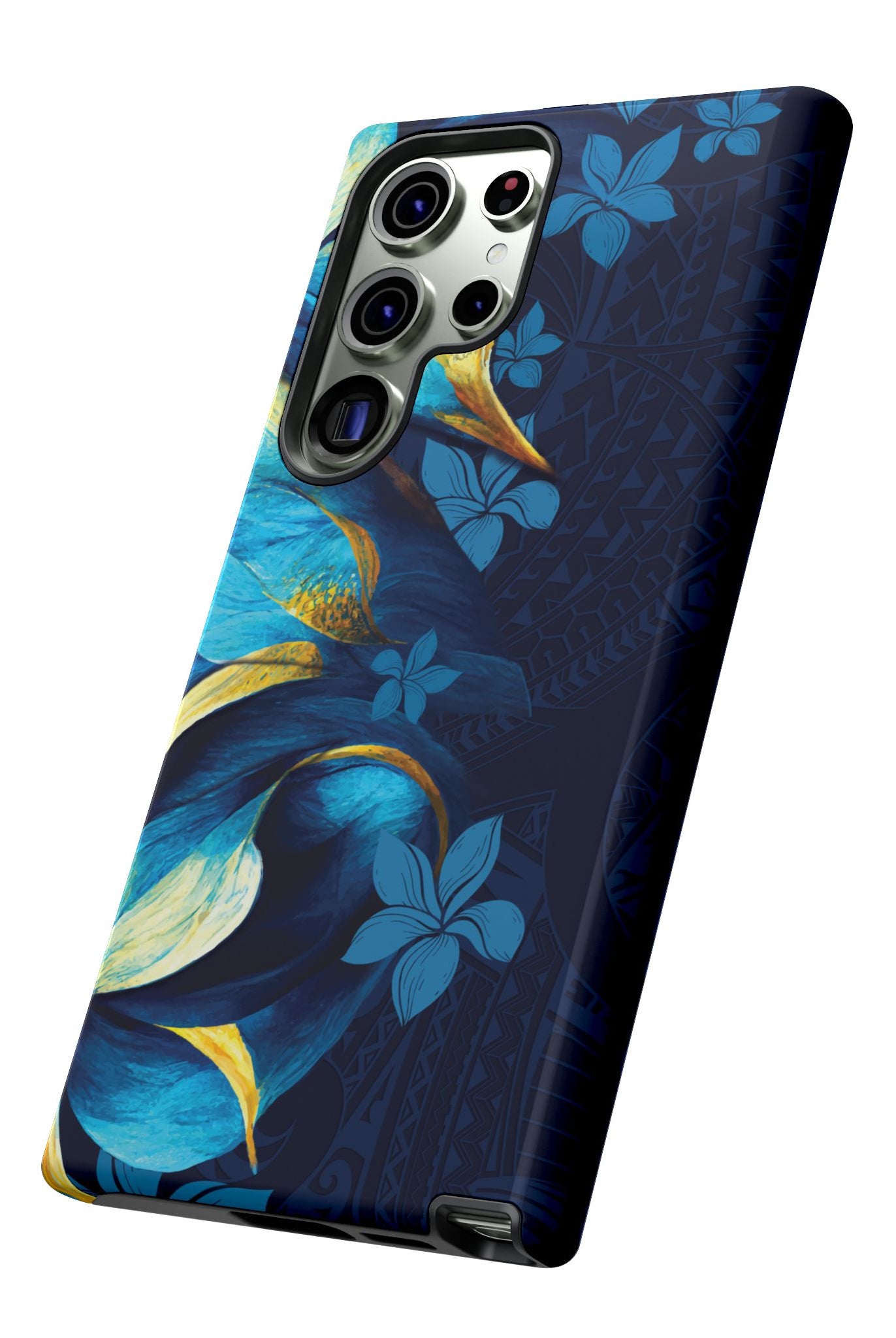 Po Mahina Tough Samsung Galaxy Case Detail View - Hawaiian Moonlit Teal Gold Floral Design Close Up - The Local Banyan