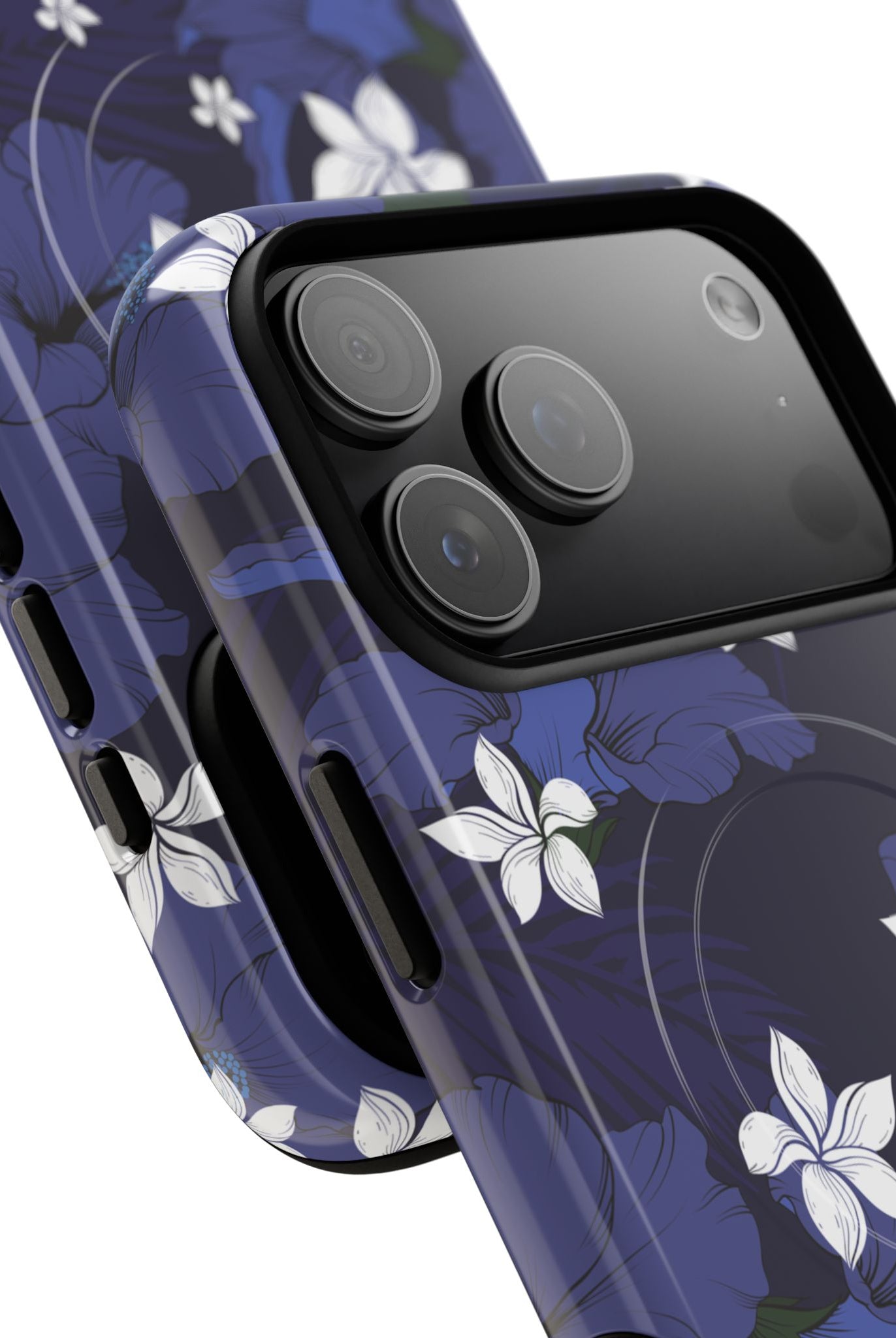 Woman holding Vintage Blue MagSafe iPhone Case - Hawaiian Indigo Hibiscus White Plumeria Design - The Local Banyan