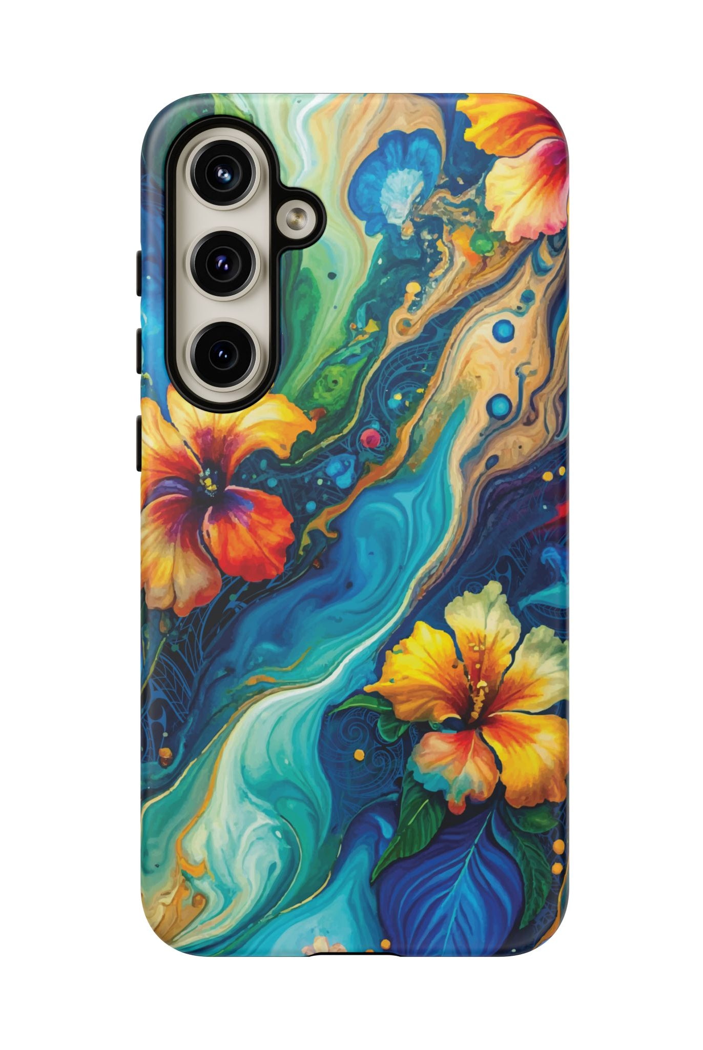 Woman holding Aloalo Drift Tough Samsung Galaxy Case - Hawaiian Hibiscus Teal Ocean Wave Design - The Local Banyan