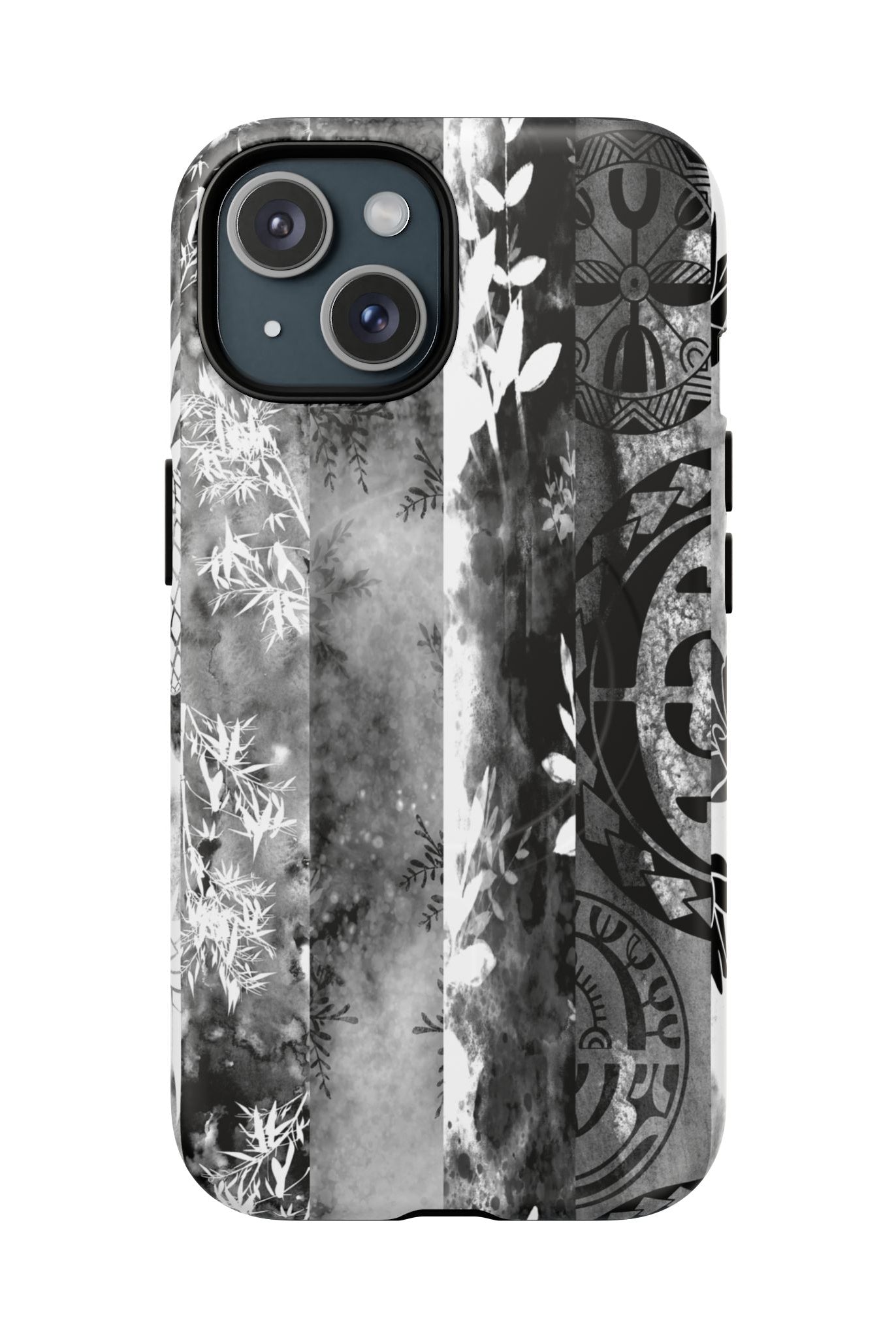 Monochrome Oasis MagSafe iPhone Case iPhone 15 Matte - Hawaiian Black White Botanical Tribal Design - The Local Banyan