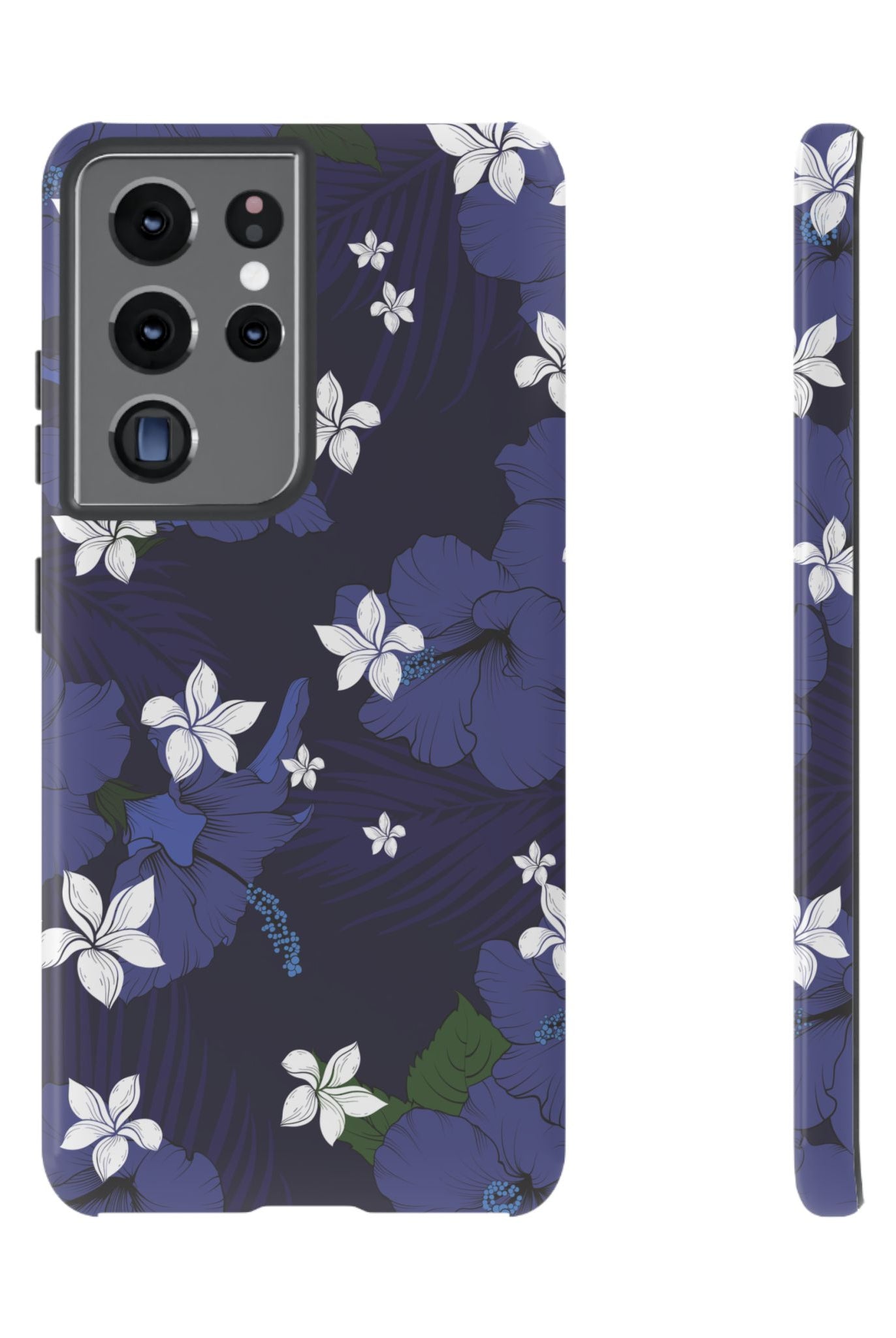 Vintage Blue Tough Samsung Galaxy Case Samsung Galaxy S21 Ultra Glossy - Hawaiian Indigo Hibiscus White Plumeria Design - The Local Banyan