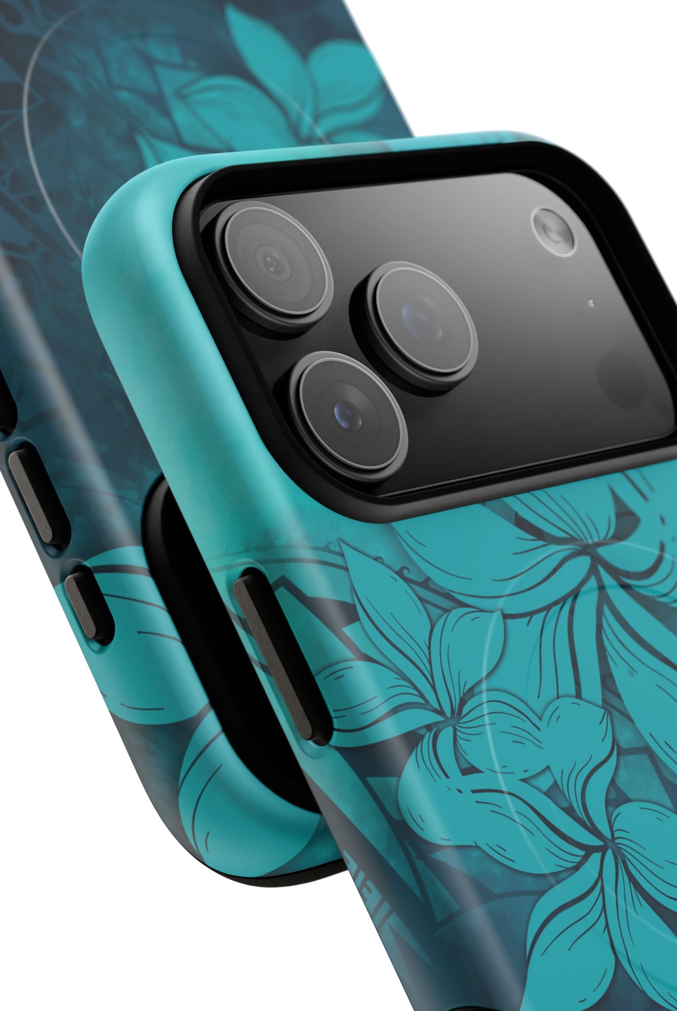 Woman holding Moana Bloom MagSafe iPhone Case - Hawaiian Teal Plumeria Ocean Tribal Design - The Local Banyan