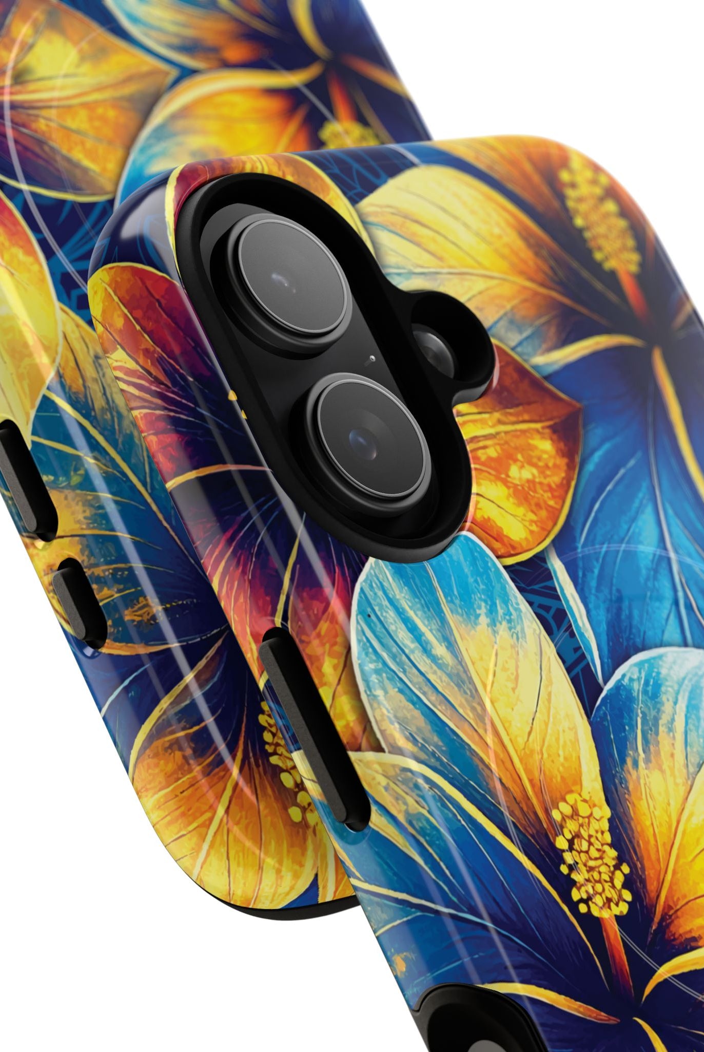 Pua La MagSafe iPhone Case Detail View - Hawaiian Golden Hibiscus Sun Flower Sapphire Design Close Up - The Local Banyan