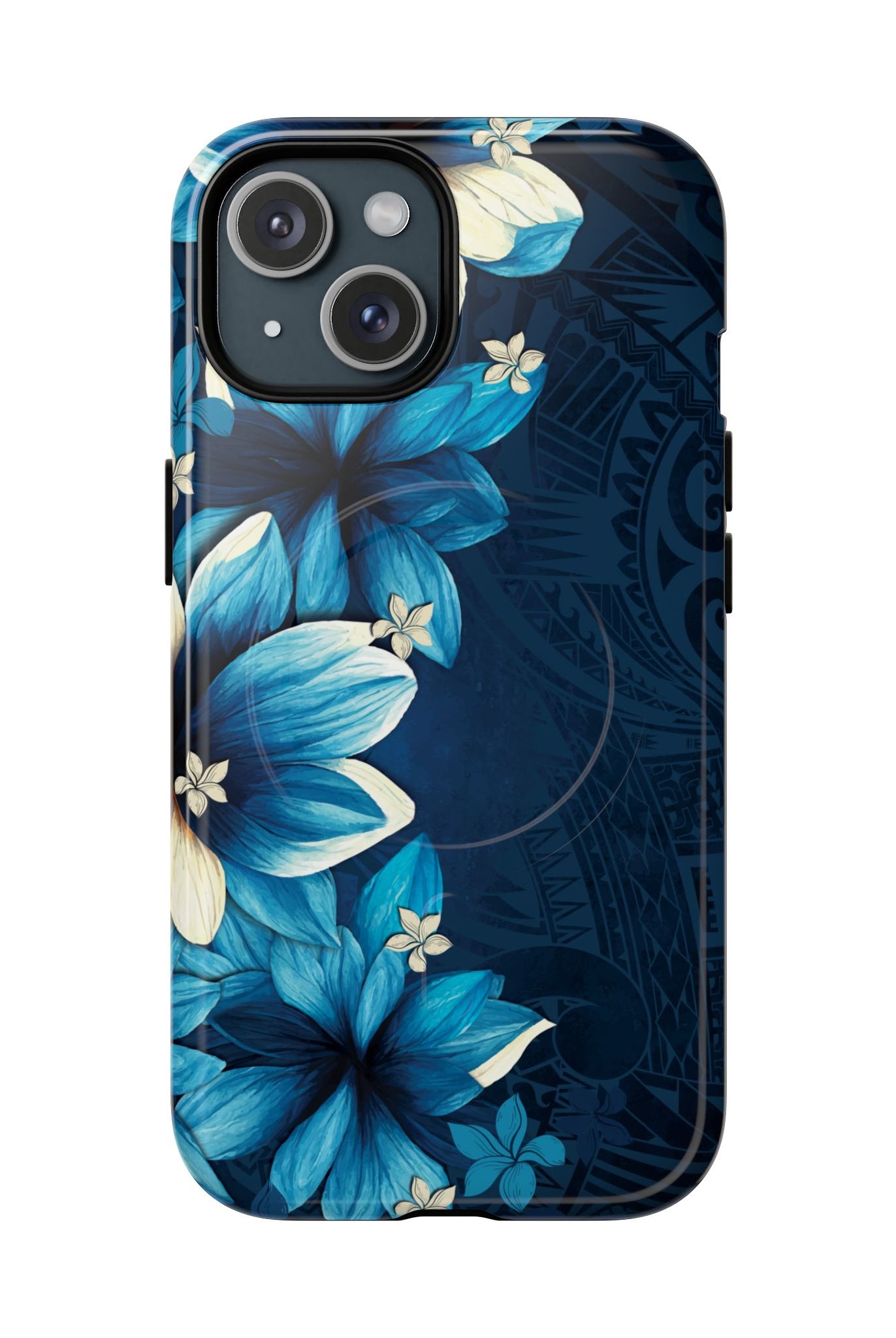 Leilani Nights MagSafe iPhone Case iPhone 15 Glossy - Hawaiian Dark Blue Floral Polynesian Design - The Local Banyan