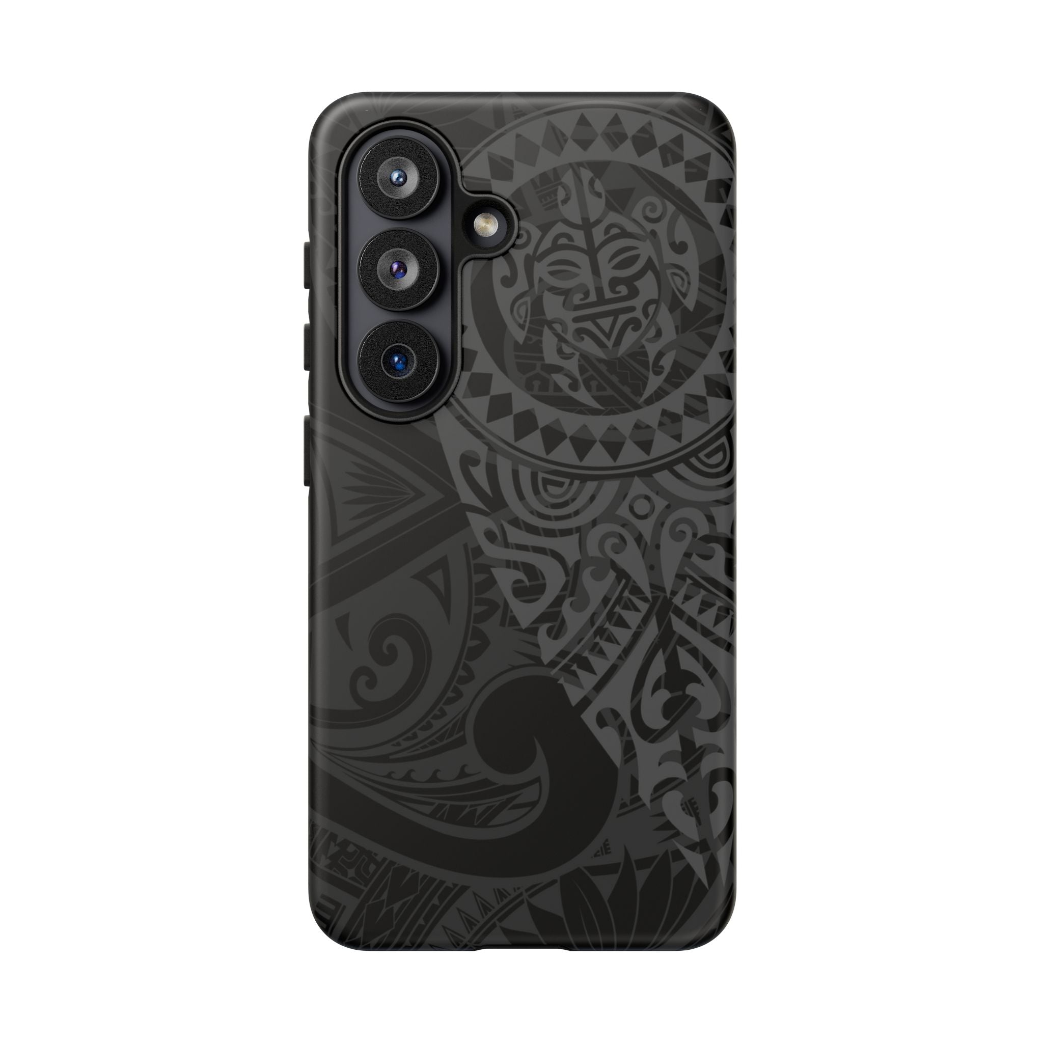 Woman holding Tribal Guardian Tough Samsung Galaxy Case - Hawaiian Black on Black Polynesian Tribal Design - The Local Banyan