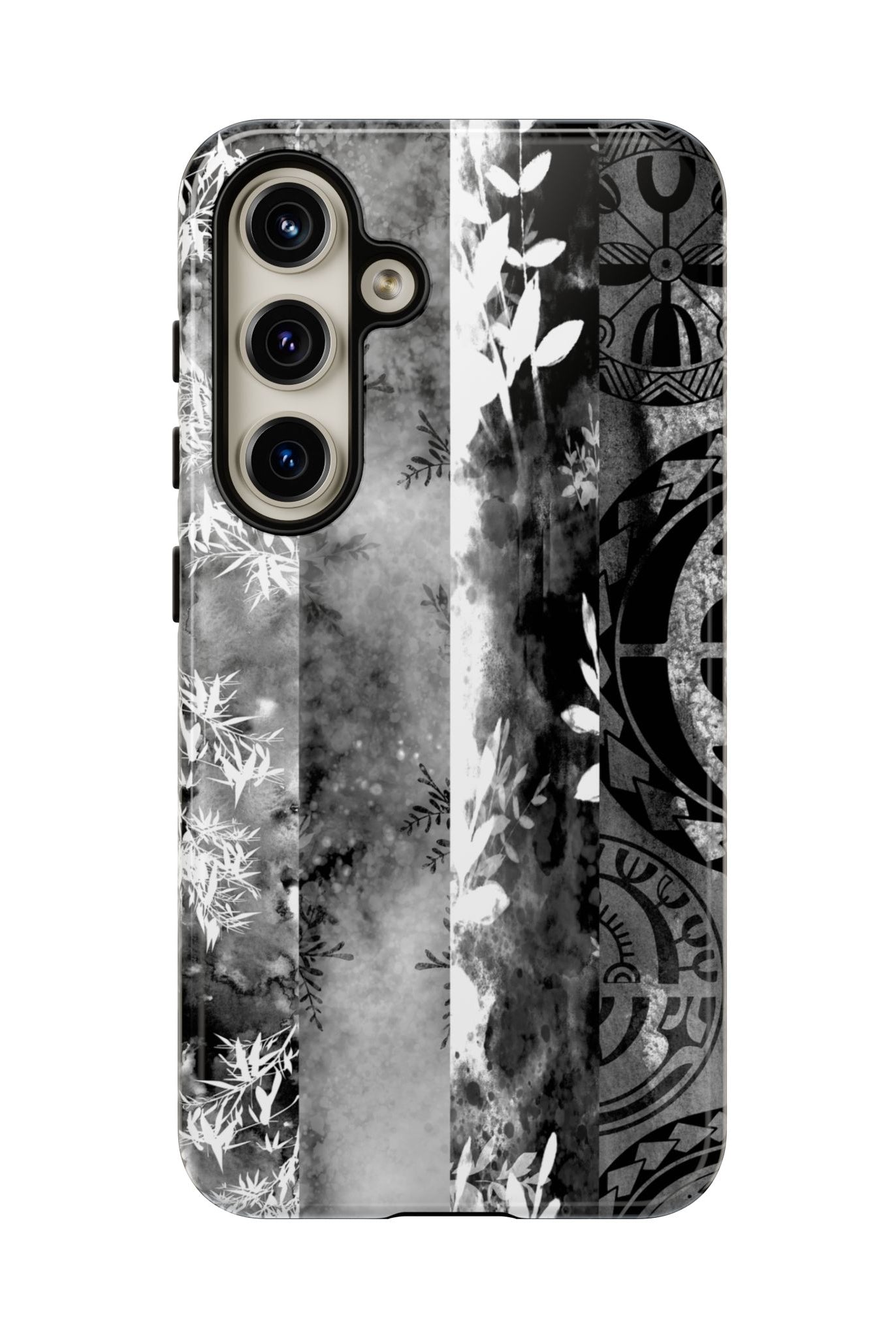 Woman holding Monochrome Oasis Tough Samsung Galaxy Case - Hawaiian Black White Botanical Tribal Design - The Local Banyan