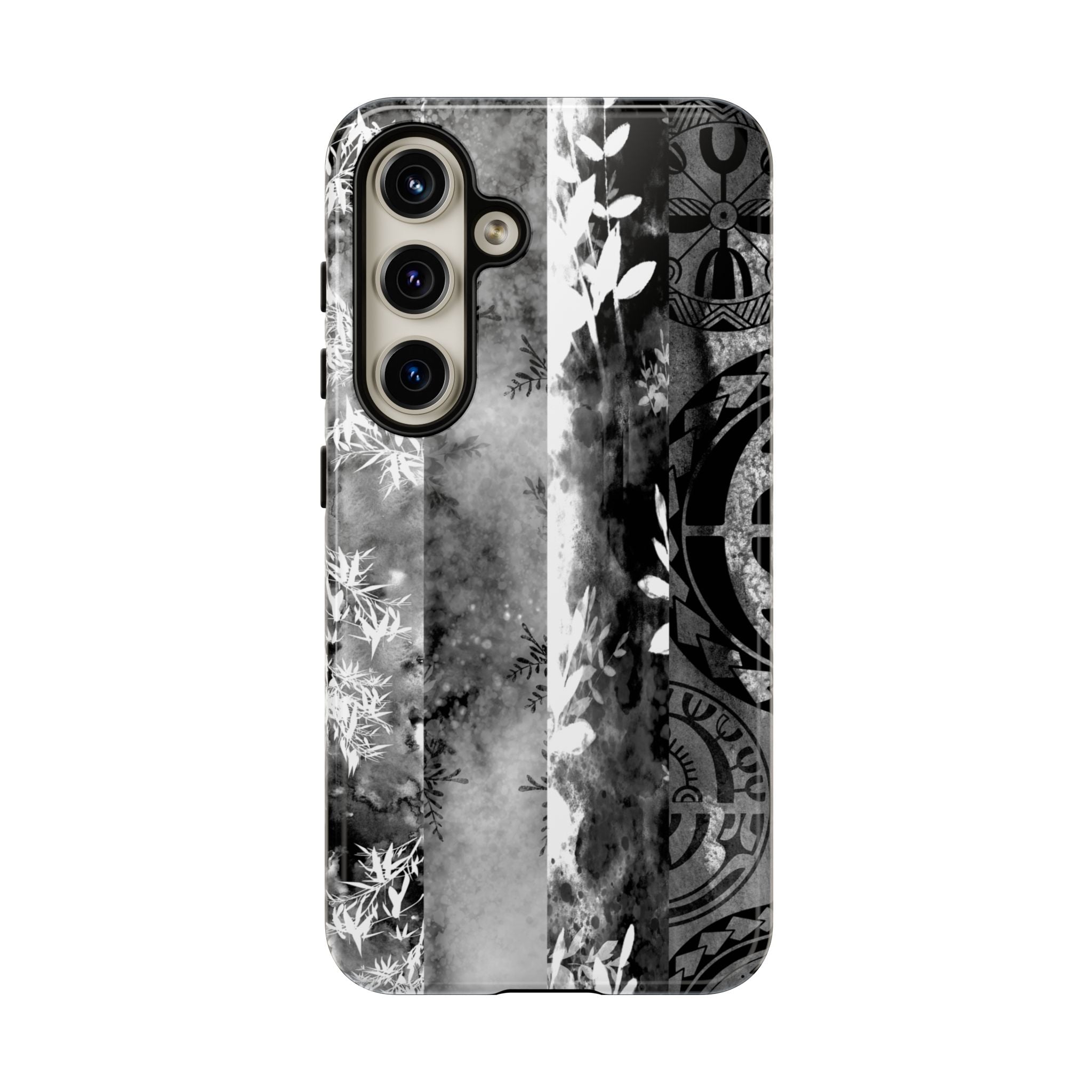 Woman holding Monochrome Oasis Tough Samsung Galaxy Case - Hawaiian Black White Botanical Tribal Design - The Local Banyan