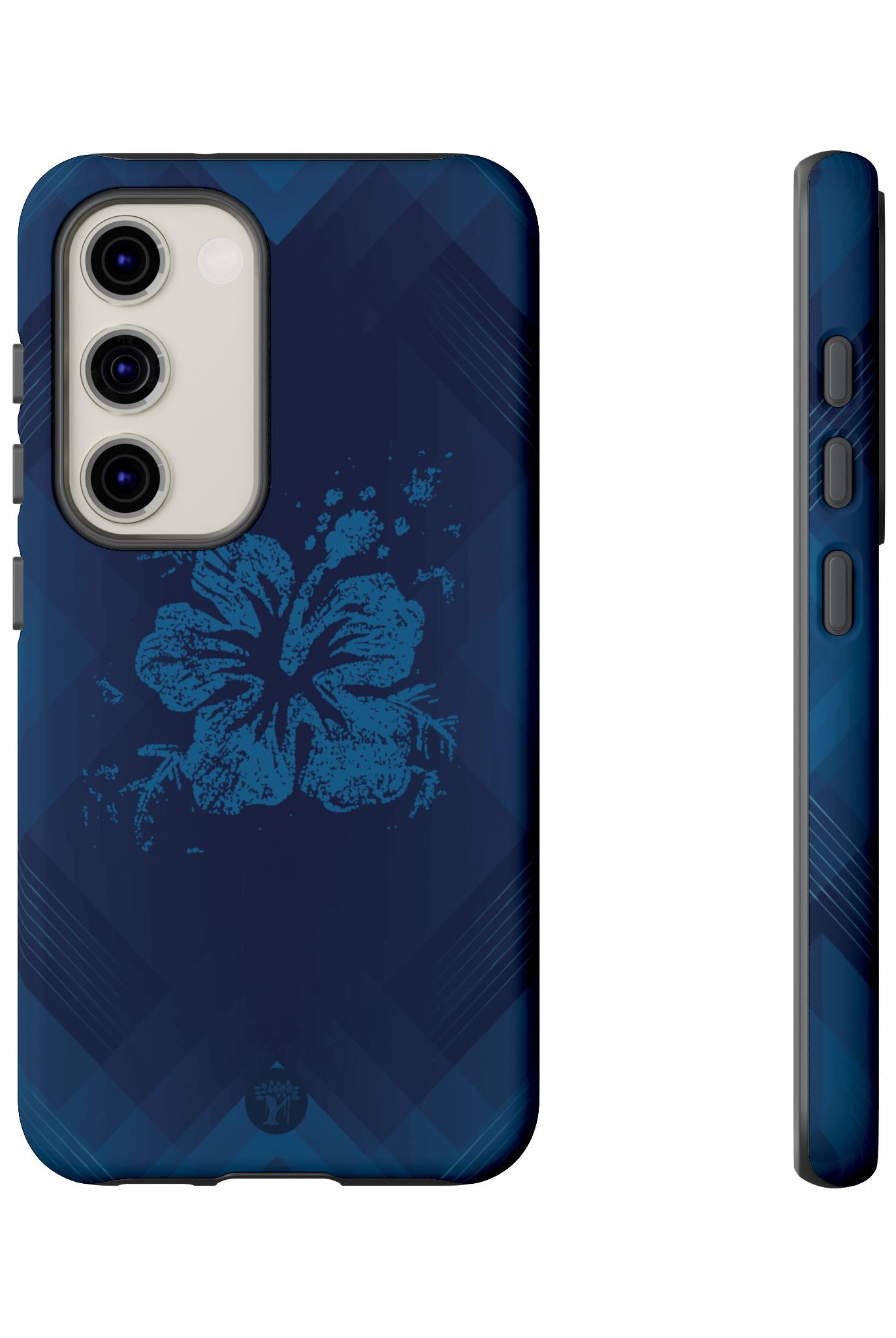 Woman holding Kikokiko Lehua Tough Samsung Galaxy Case - Hawaiian Navy Blue Geometric Hibiscus Design - The Local Banyan