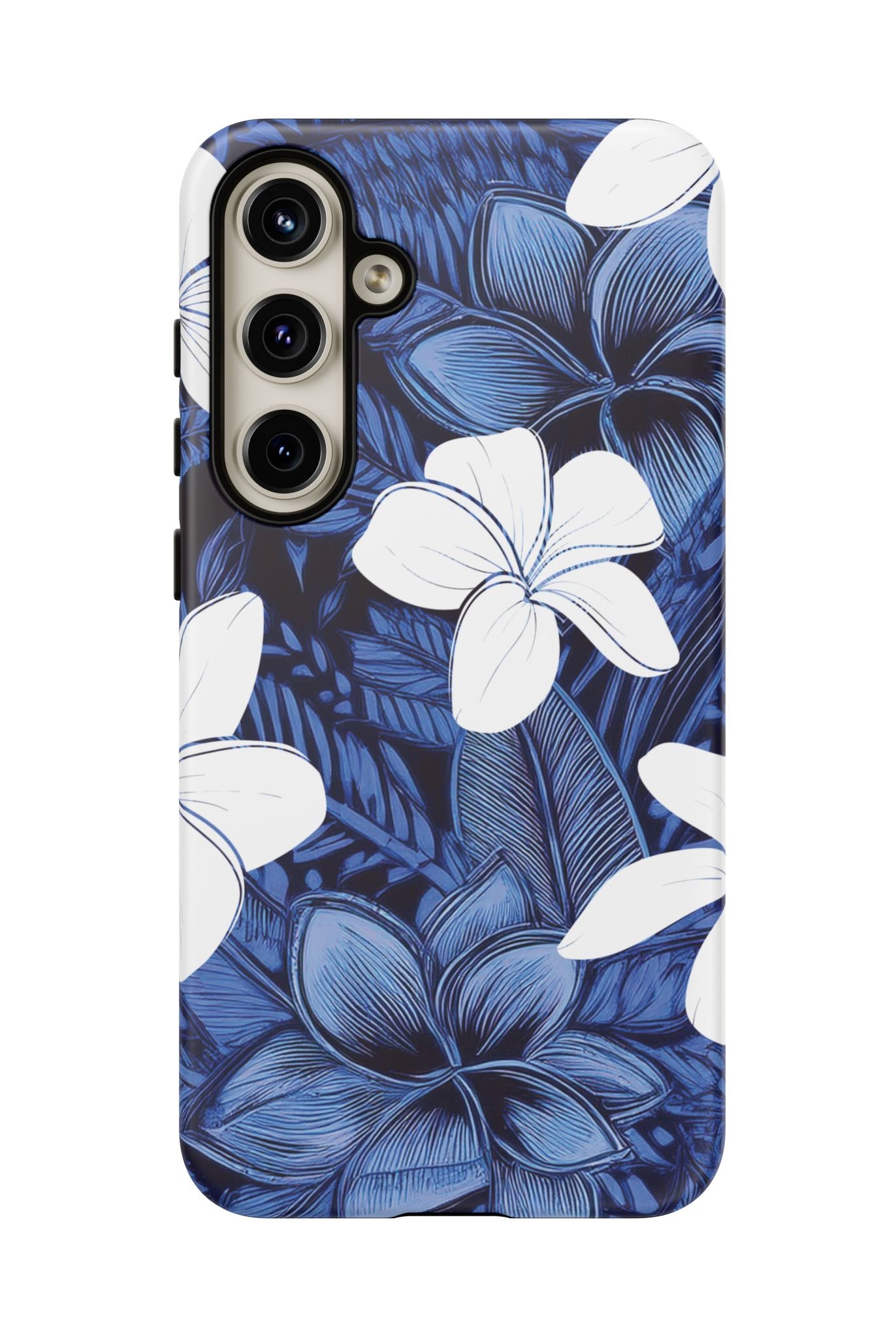 Eternal Blue Plumeria Tough Samsung Galaxy Case Side View - Dual Layer Drop Protection Hawaiian Phone Case - The Local Banyan