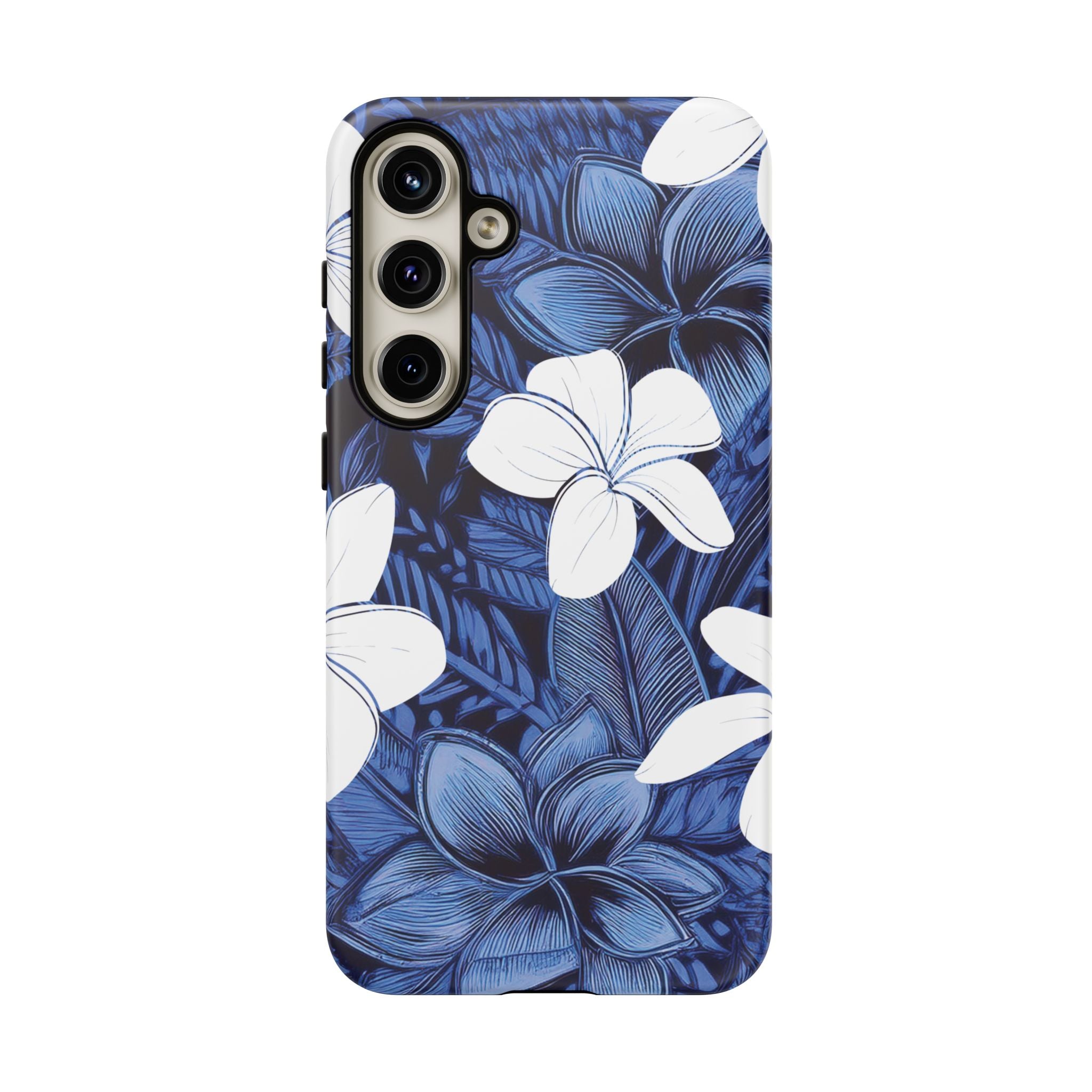 Eternal Blue Plumeria Tough Samsung Galaxy Case Side View - Dual Layer Drop Protection Hawaiian Phone Case - The Local Banyan