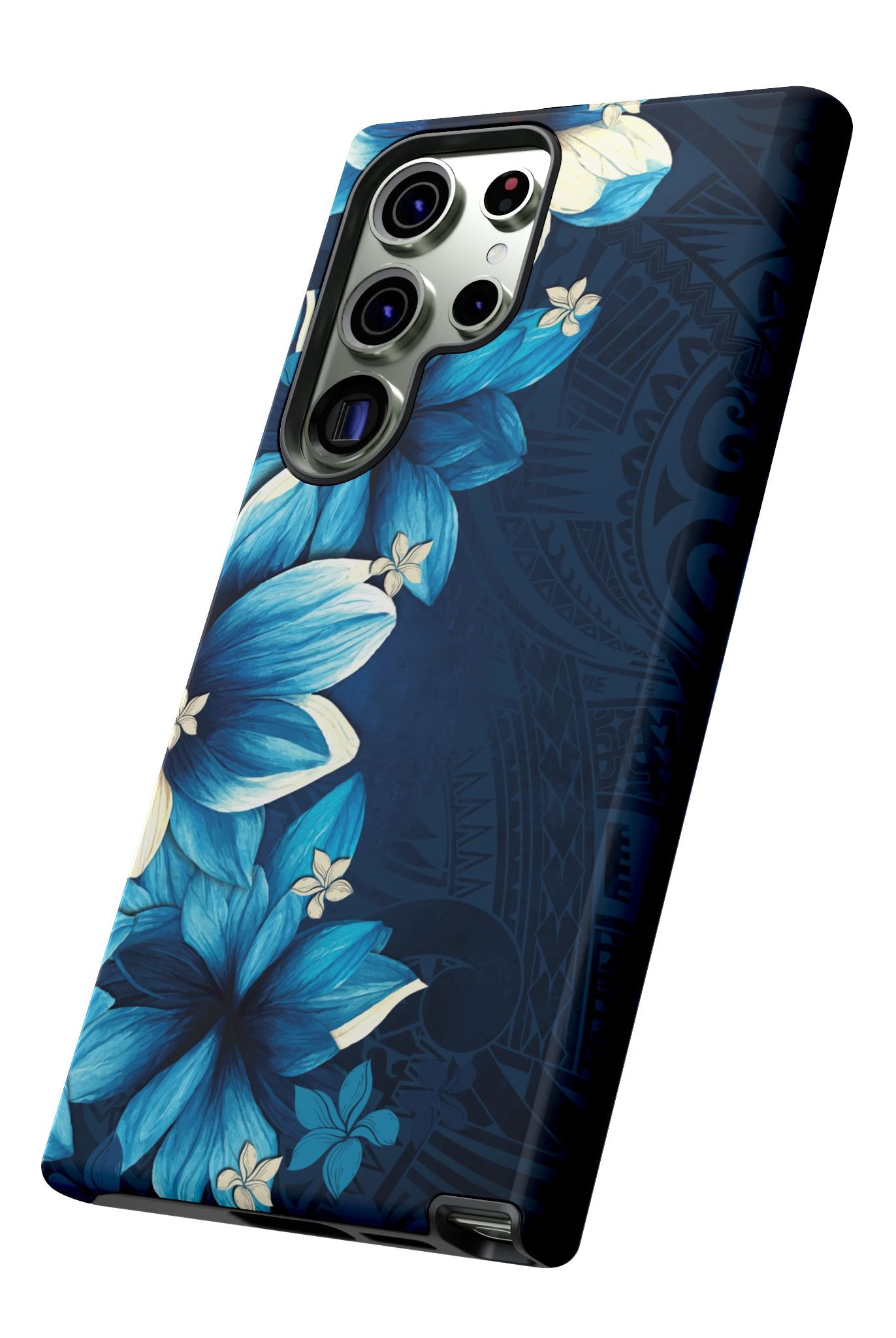 Woman holding Leilani Nights Tough Samsung Galaxy Case - Hawaiian Dark Blue Floral Polynesian Design - The Local Banyan