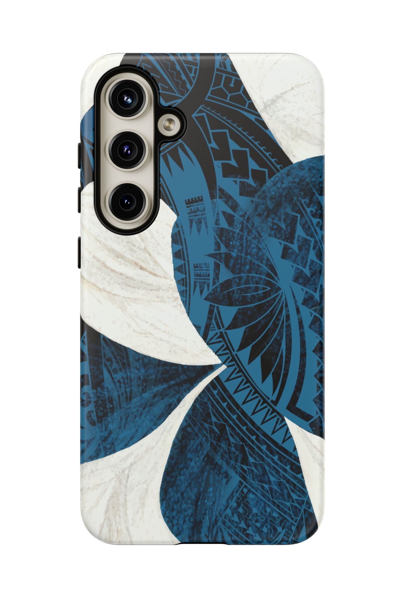 Woman holding Hana Breeze Tough Samsung Galaxy Case - Hawaiian Blue Plumeria Polynesian Botanical Design - The Local Banyan