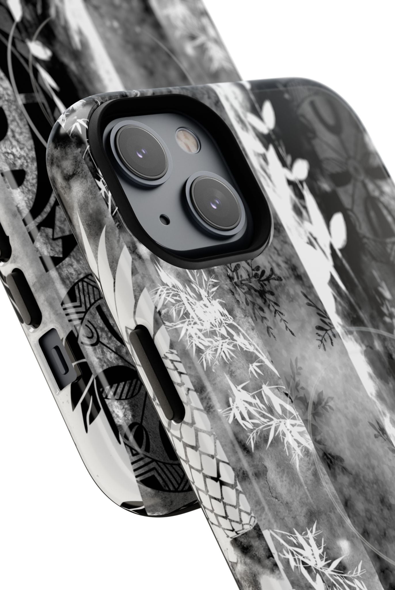 Monochrome Oasis MagSafe iPhone Case Detail View - Hawaiian Black White Botanical Tribal Design Close Up - The Local Banyan